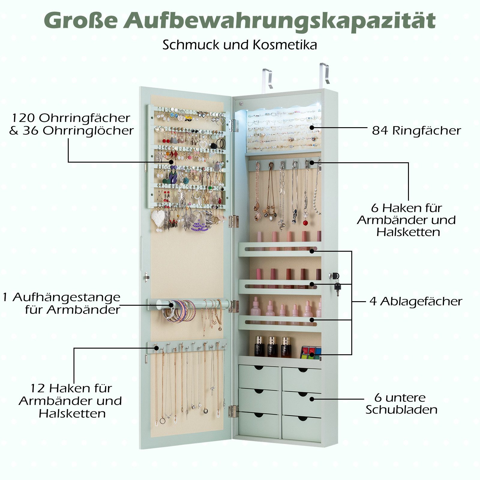 COSTWAY Schmuckschrank mit LED & Ganzkörperspiegel, für Tür und Wand mit LED & Ganzkörperspiegel, für Tür und Wand – Bild 5 von 5