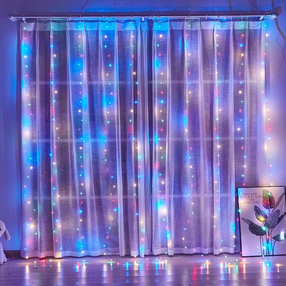 Rosnek LED-Lichtervorhang 3 X 3M, Modi/Musik Fenster 8 Aufhängehaken; Deko Party, Weihnachten aktiviert, Schlafzimmer Wand Multicolor, für mit Fernbedienung