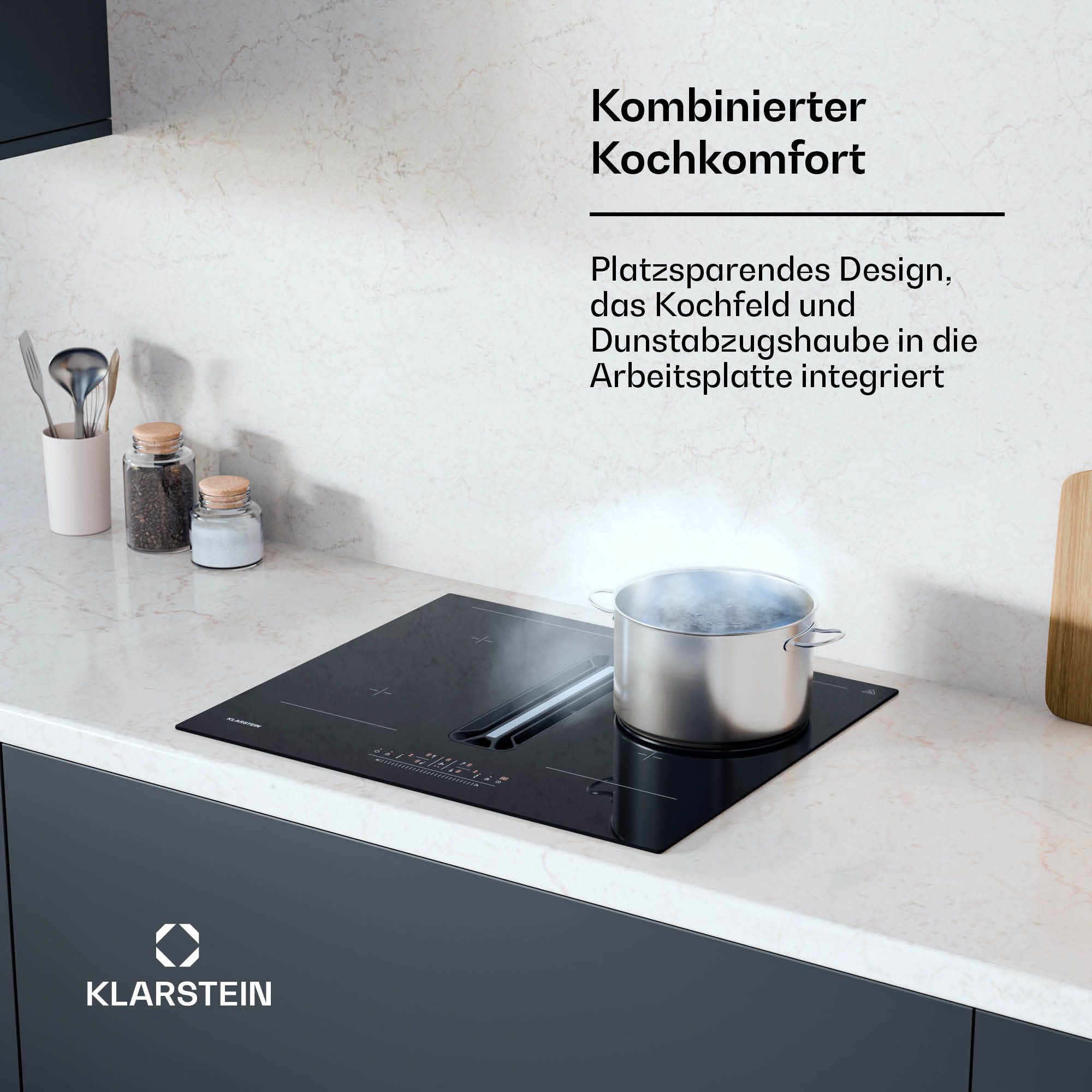 Klarstein Induktions-Kochfeld AirJet 60 Down Air Induktion+Abzugshaube 10000W 600 m³/h Boost, Kochfeld mit Dunstabzug 4 Zonen Touch Timer mit Booster autark