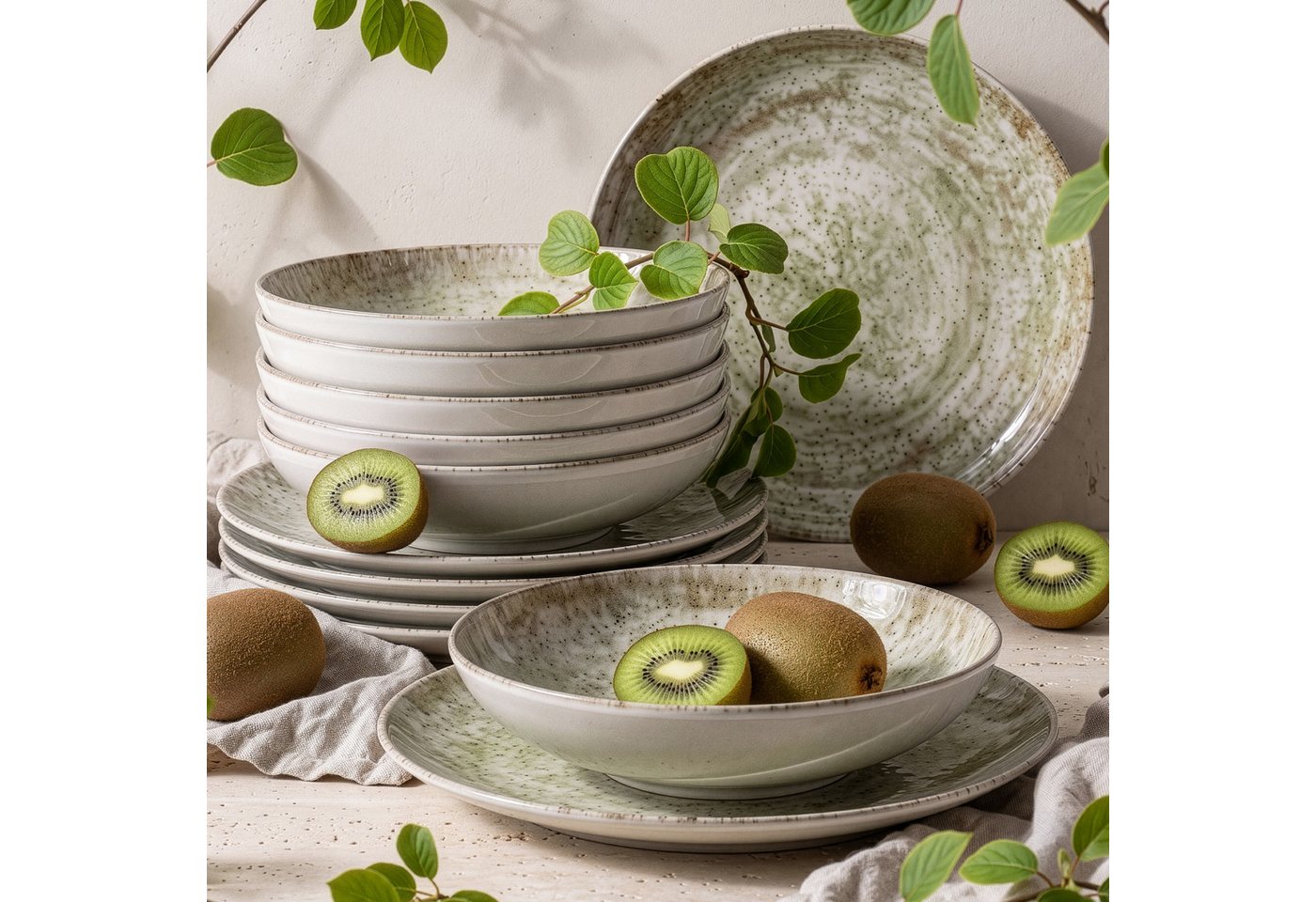 KONSIMO® Tafelservice ERATO Geschirr-Set, hergestellt in der EU, (12-tlg), 6 Personen, Porzellan, spülmaschinengeeignet, mikrowellengeeignet, Rundform, Hartporzellan