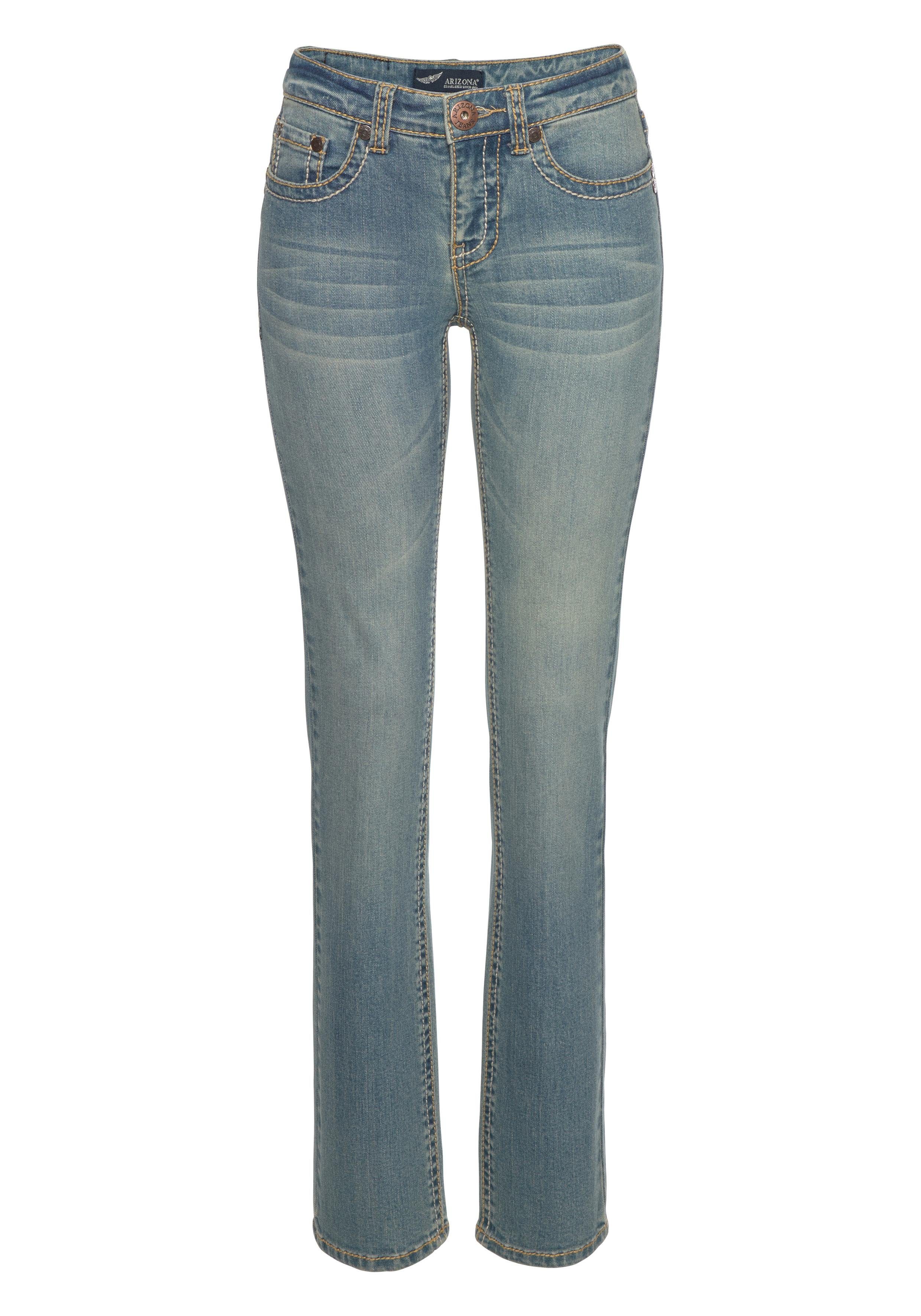Arizona Gerade Jeans Kontrastnähte niedrige Leibhöhe, in 5-Pocket-Form, Used-Look-Waschung