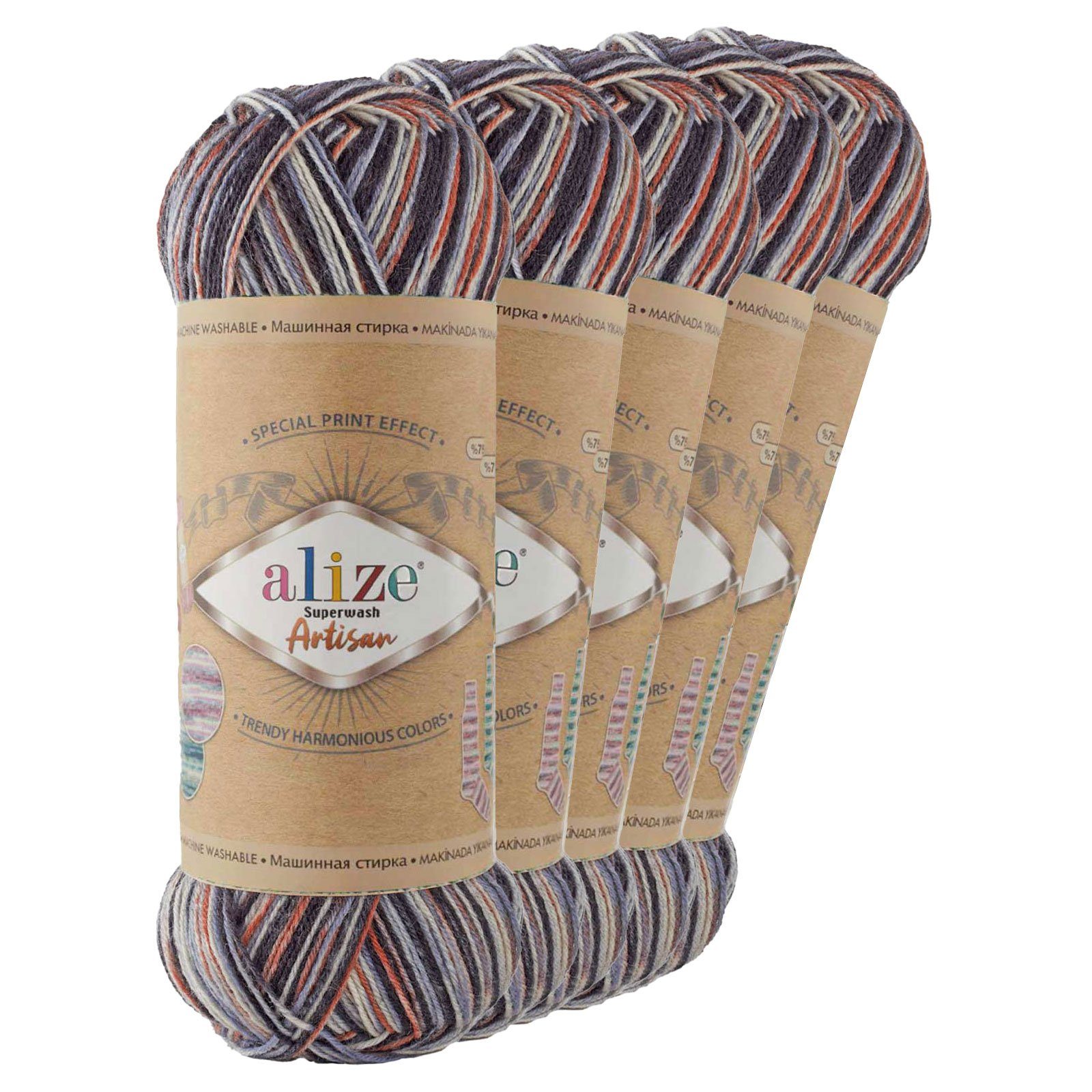 Alize 5 x 100g Sockenwolle Alize Superwash Artisan Strickwolle Häkelgarn Häkelwolle, 2100 m (Sparpaket, 5-St), 9013 Gentleman