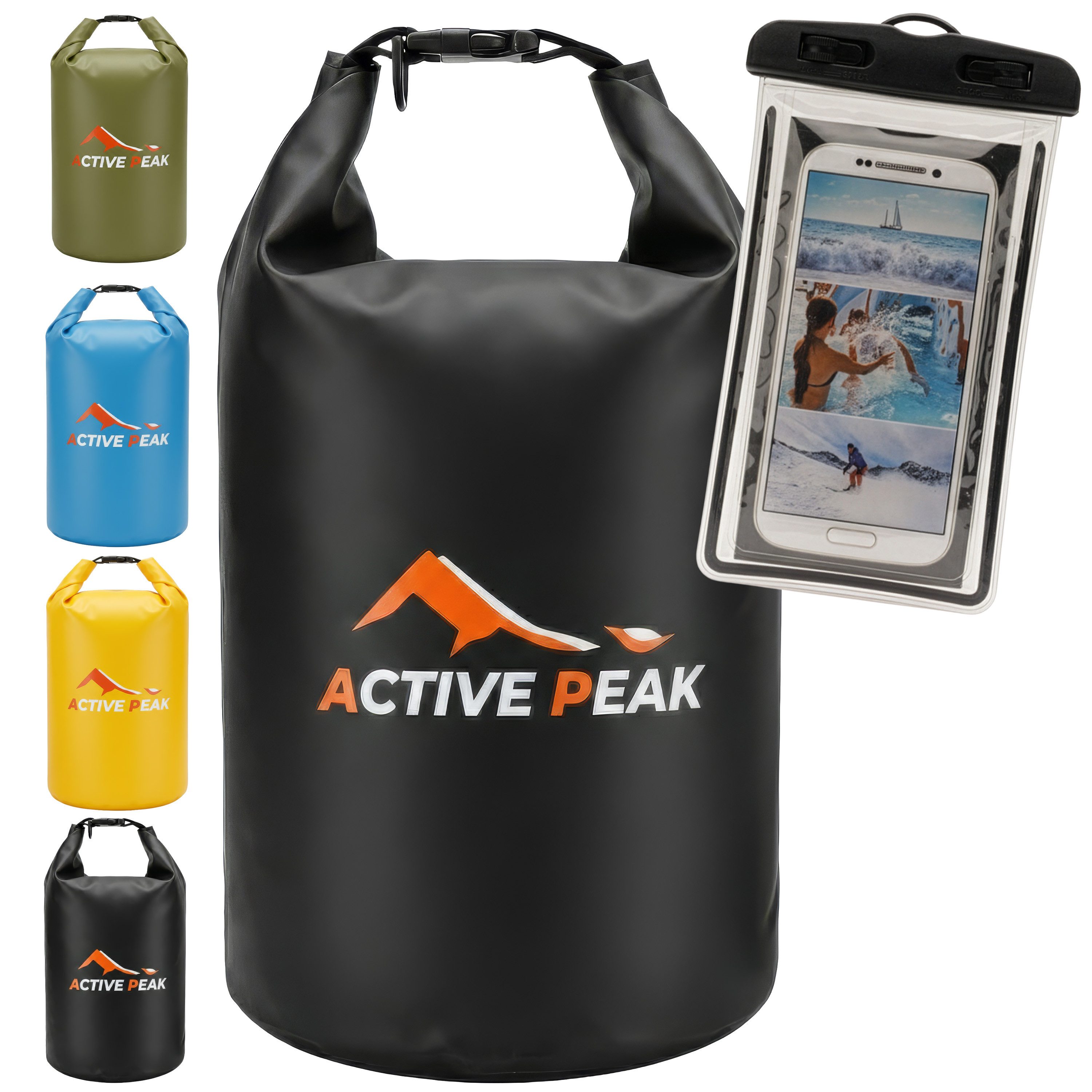 Active Peak Drybag Wasserdichte Tasche & Packsack (inkl. Wasserdichter Smartphone Hülle, 2-tlg), Waterproof Bag Seesackfür SUP, Kajak, Strand, Wassersport, Outdoor uvm