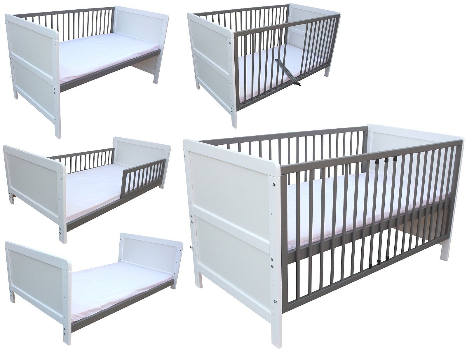 Kinderbett Kinderbett Juniorbett Beistellbett 140x70 cm 3in1 + Matratze weiß-grau