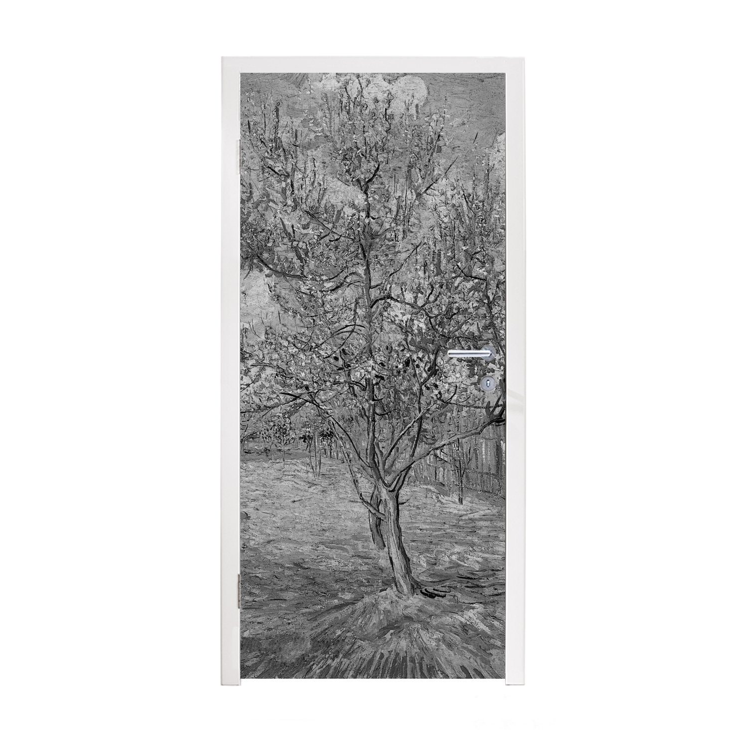 MuchoWow Türtapete Blühender Pfirsichbaum - Vincent van Gogh - Schwarz und weiß, Matt, bedruckt, (1 St), Fototapete für Tür, Türaufkleber, 75x205 cm