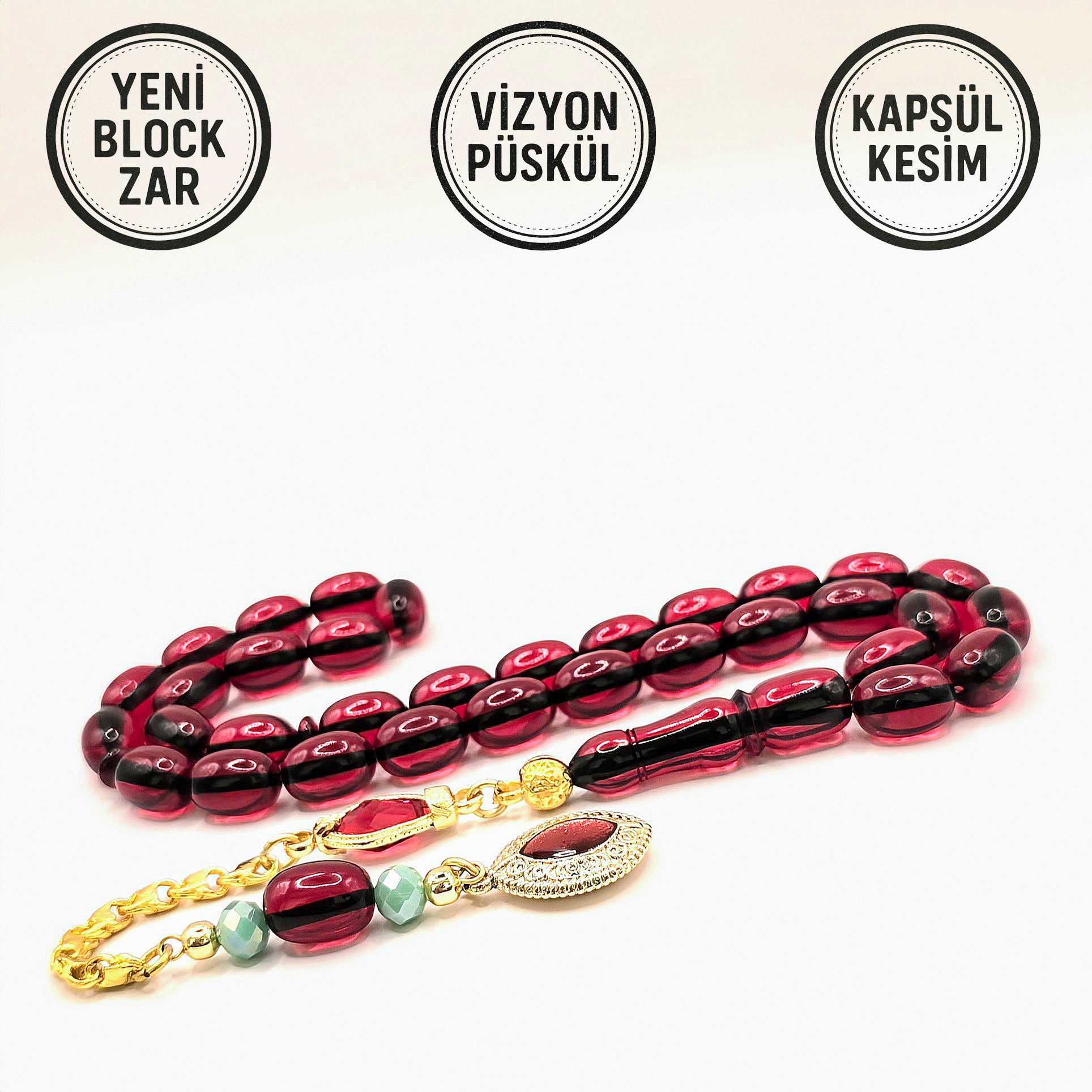 M-Punkt24 Kettenanhänger Tesbih Tespih ZAR Kapsül Rosary Prayerbeads Gebetskette Misbaha (Visne / Kirmizi /Weinrot)