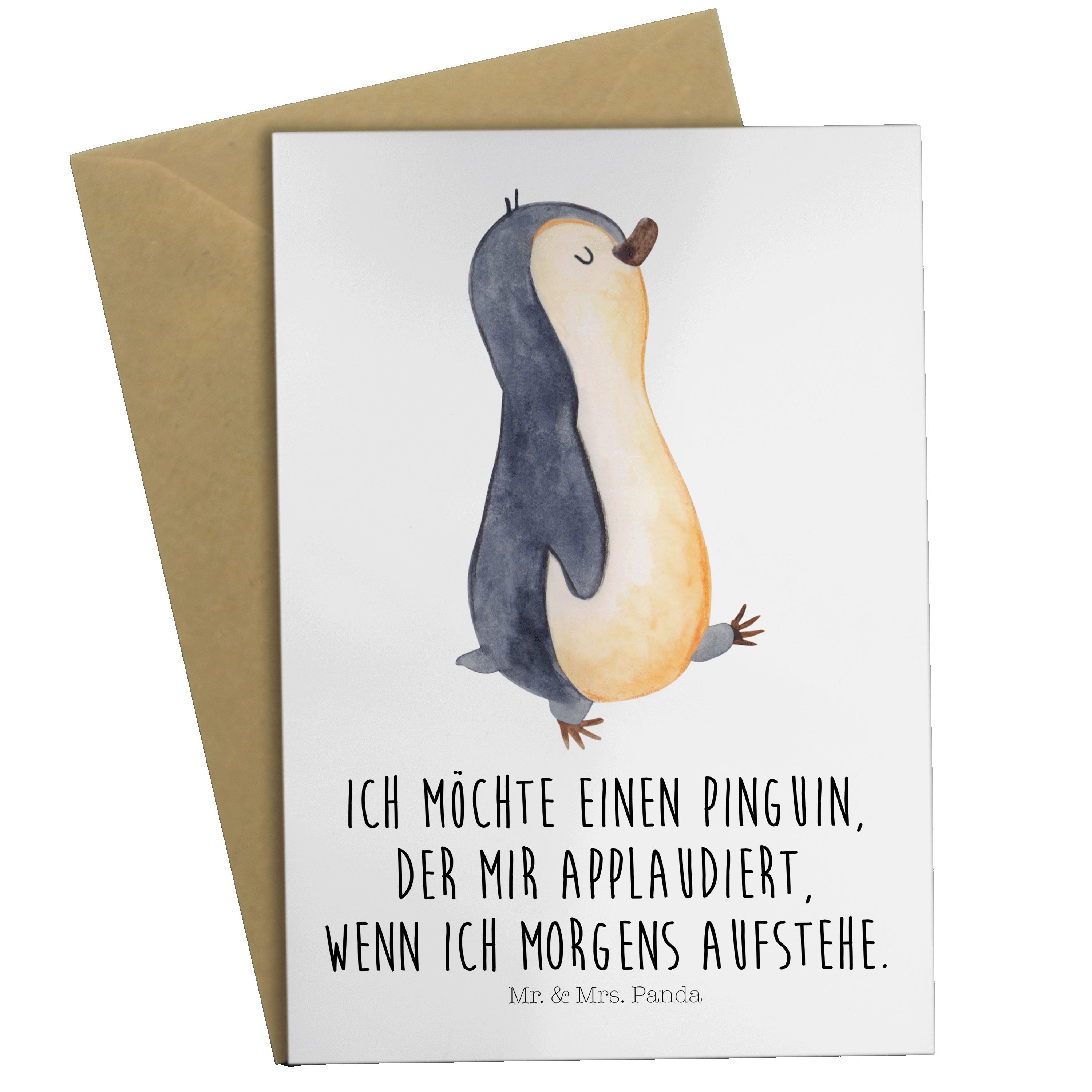 Mr. & Mrs. Panda Grußkarte Pinguin marschierend - Weiß - Geschenk, Frühaufsteher, Familie, Schwe