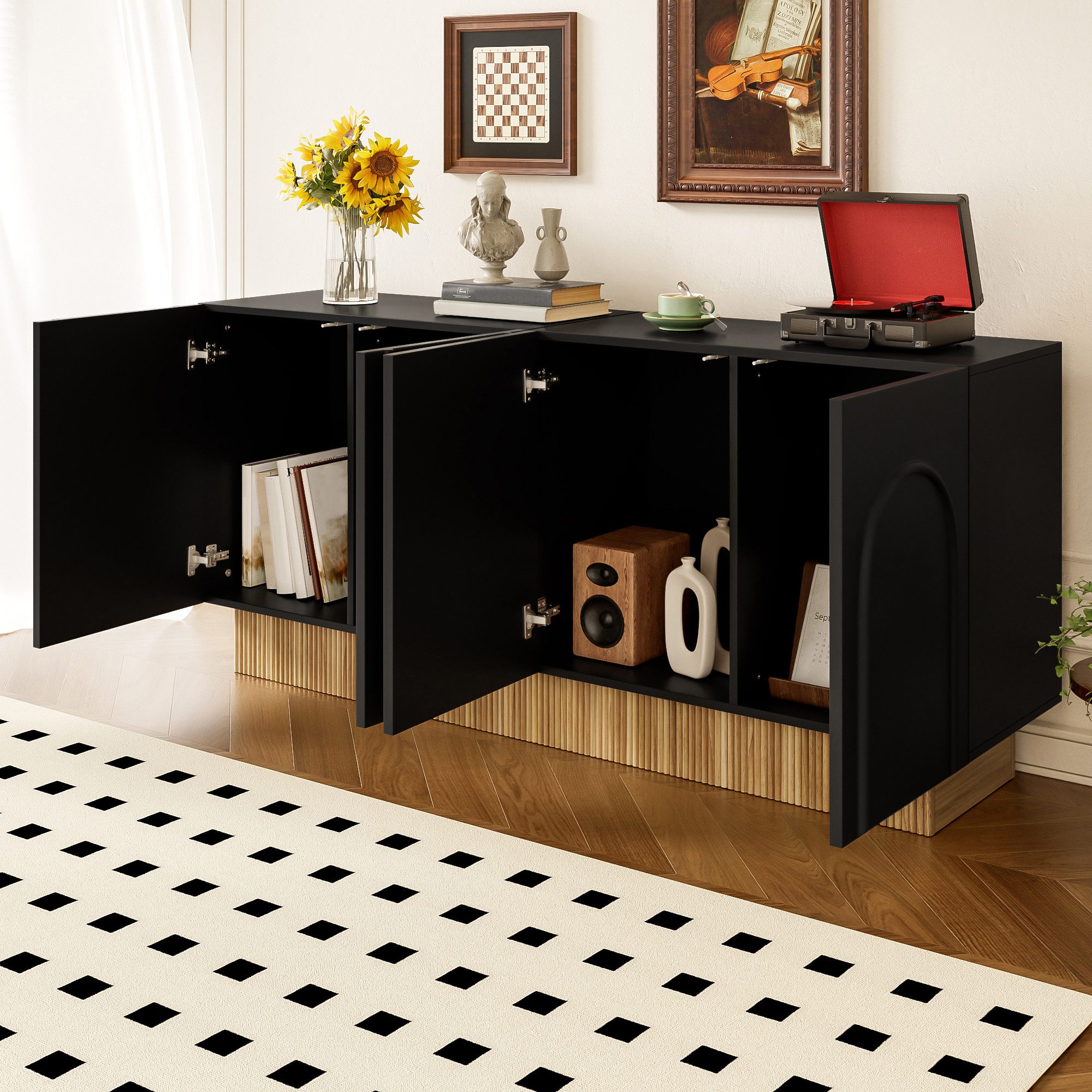 Merax Sideboard mit U-Relief-Design & dekorativer Holzstruktur (1 St., 160×75×38 cm), Kommode mit 4 Türen und großen Innenfächern, Anrichte, Buffetschrank