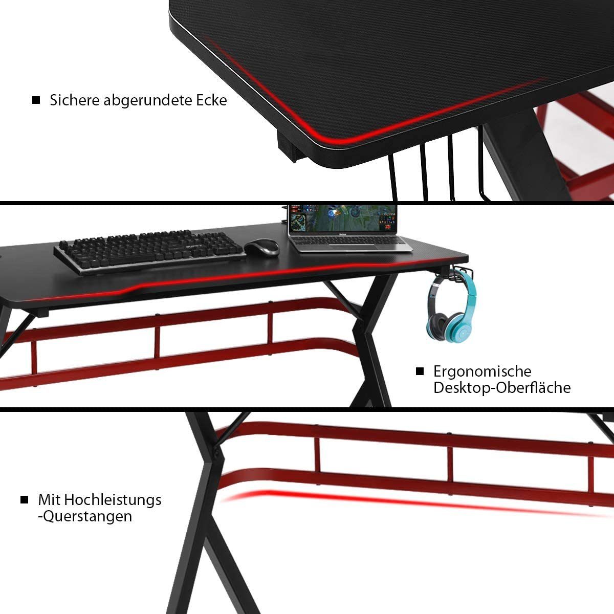 COSTWAY Gamingtisch, mit 2 Monitorständer, Haken 120cm schwarz+rot Boxen-Ständern