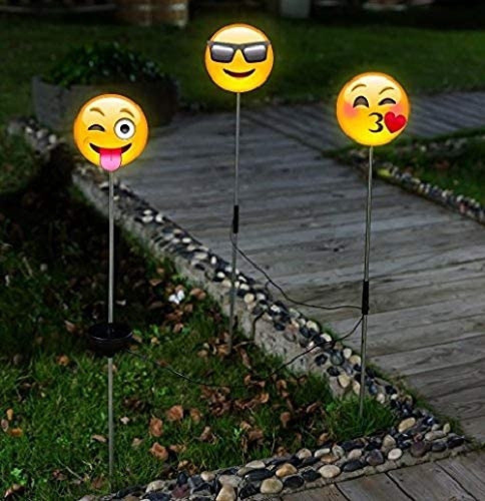 JOKA international Gartenstecker Solar Stableuchte Face“ Set, „Happy Gartendekoration 3er Gartenbeleuchtung