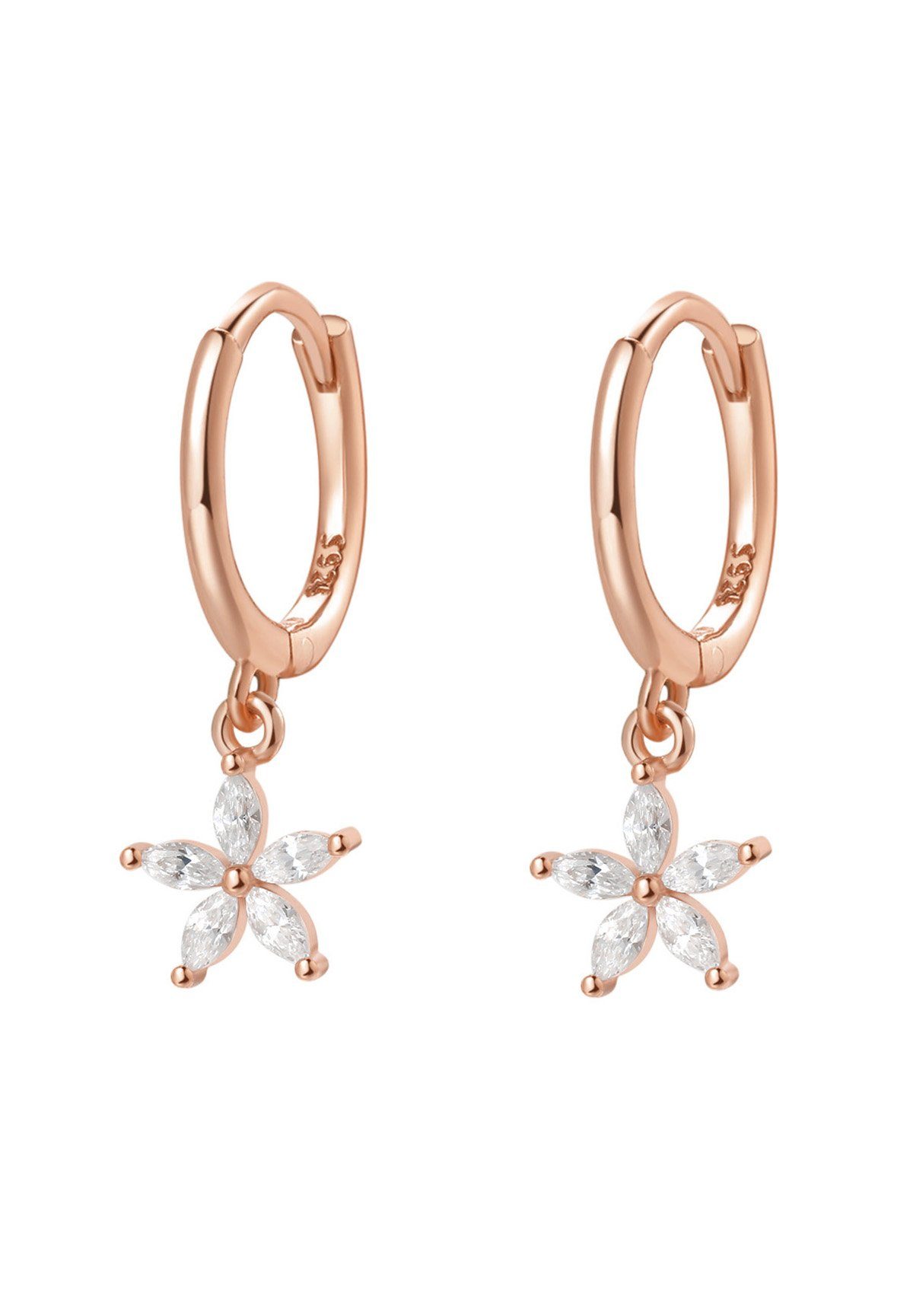 Hey Happiness Paar Creolen Blume 18K Roségold vergoldet, Silber 925 Ohrringe, Damen Ohrringe Gänseblümchen Kristall hängend, Brautschmuck