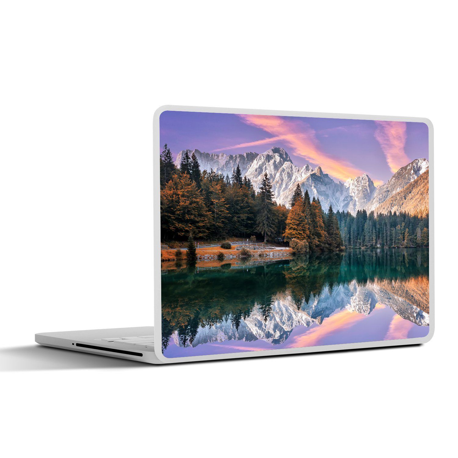 MuchoWow Laptop-Aufkleber Berg - Wald - Wasser - Himmel - Rosa - Lila, (1tlg), Laptop Folien Cover, Aufkleber, Sticker, Schutz vor Kratzern, 25x18 cm