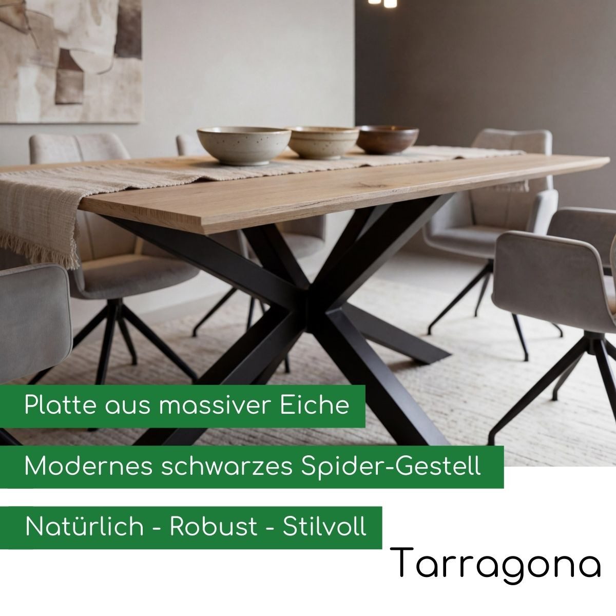 CASA DOMA Esstisch Tarragona, Küchentisch, Wohnzimmertisch, Massivholzplatte Eiche (White-Wash-Finish, Platz für 6 bis 10 Personen), natürliche Baumkante, Metallgestell Spider-Form, Breite 180 bis 220 cm