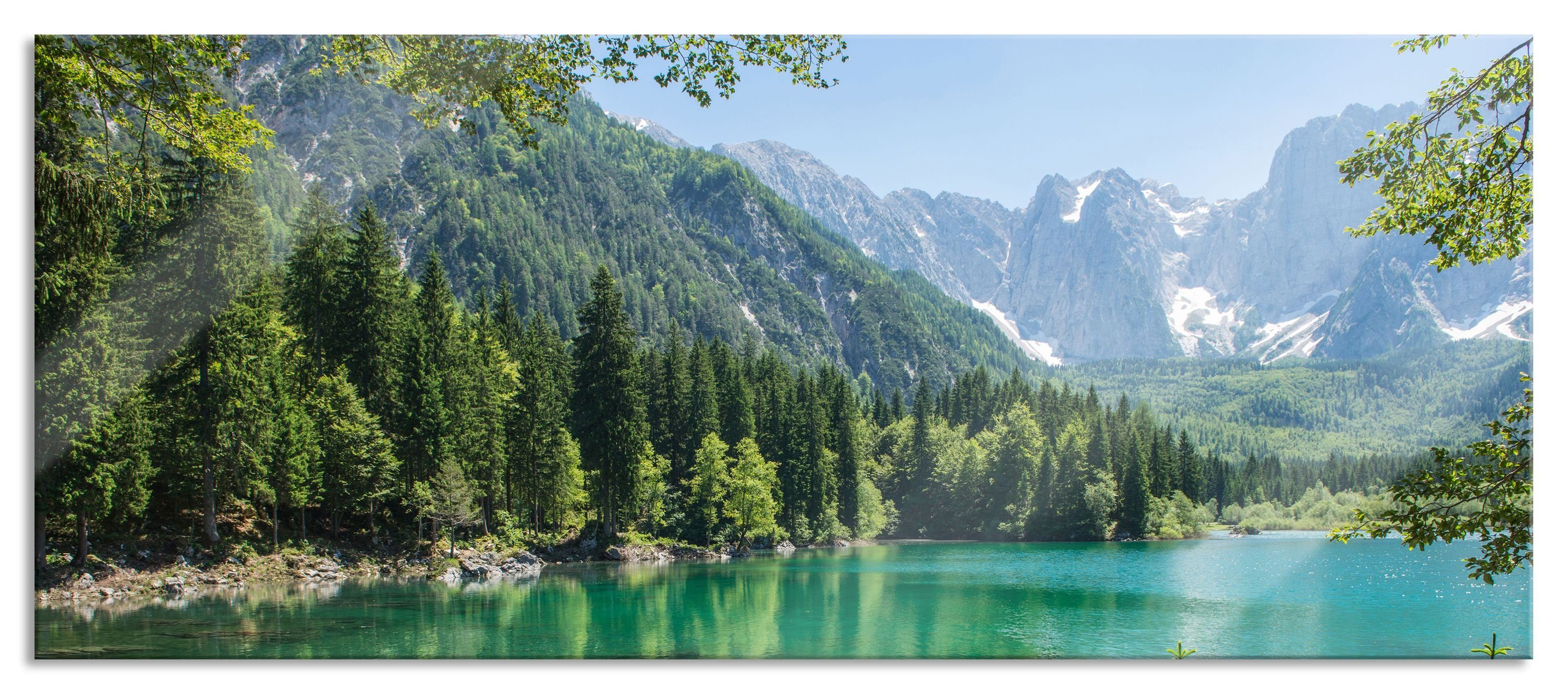 See Wunderschöner See (1 Glasbild aus Wald Abstandshalter St), inkl. im Pixxprint Aufhängungen Wunderschöner Echtglas, Glasbild und Wald, im