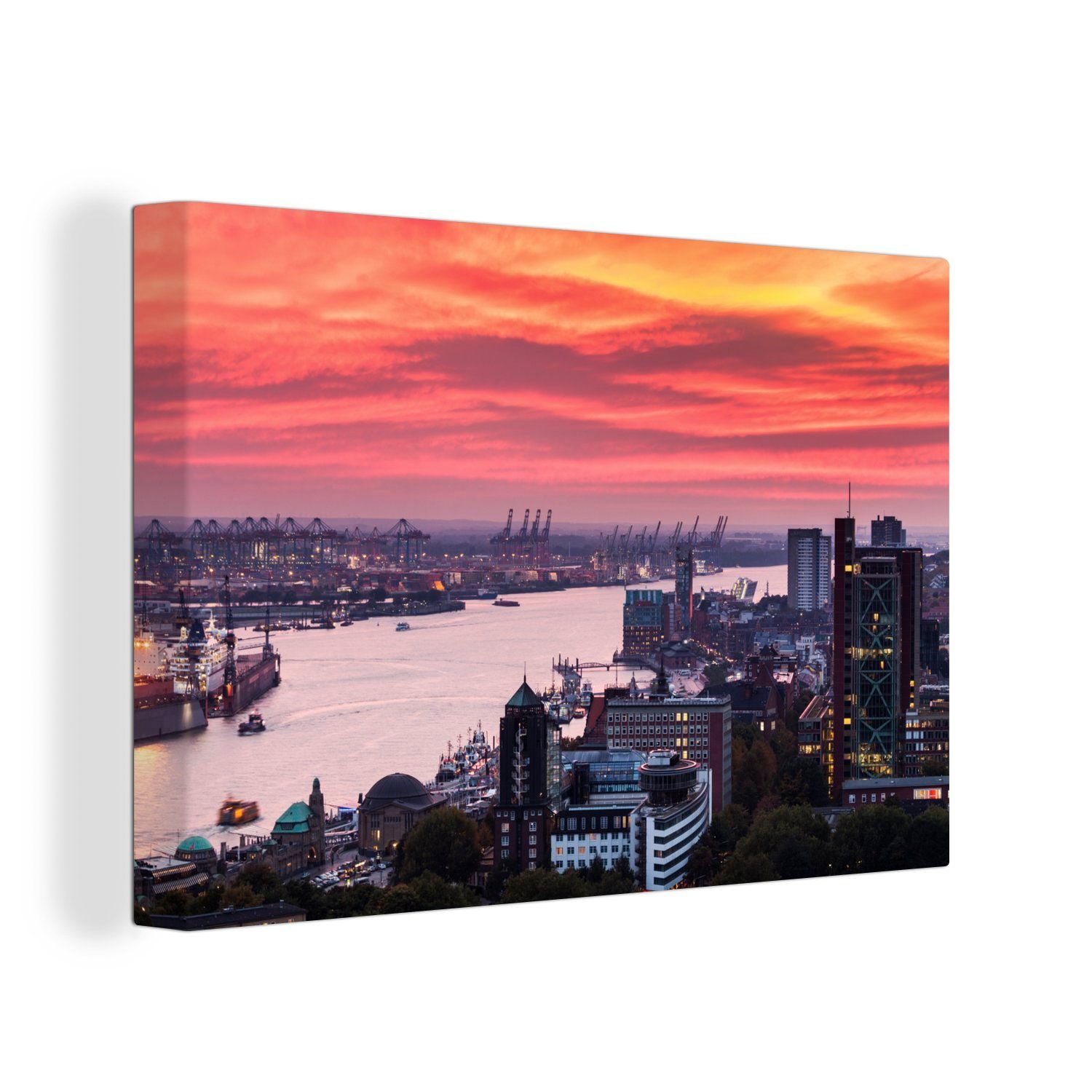 - OneMillionCanvasses® Stadt, - Leinwandbilder, St), (1 Wandbild Hafen Hamburg 30x20 cm Aufhängefertig, Leinwandbild Wanddeko,