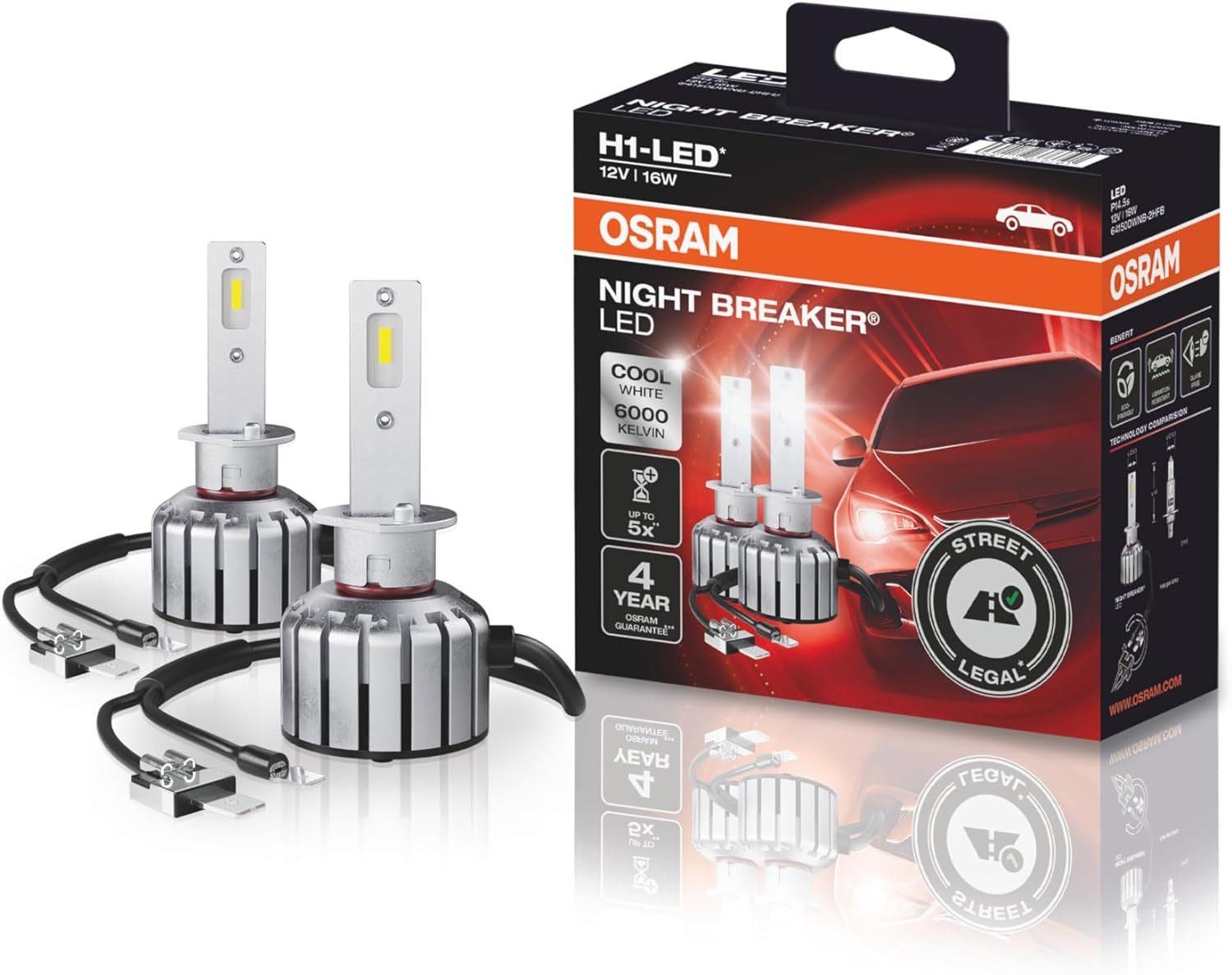 Osram KFZ-Ersatzleuchte OSRAM NIGHT BREAKER H1-LED, H1, 2 St., Kaltweiß, bis zu 40% weniger Blendung