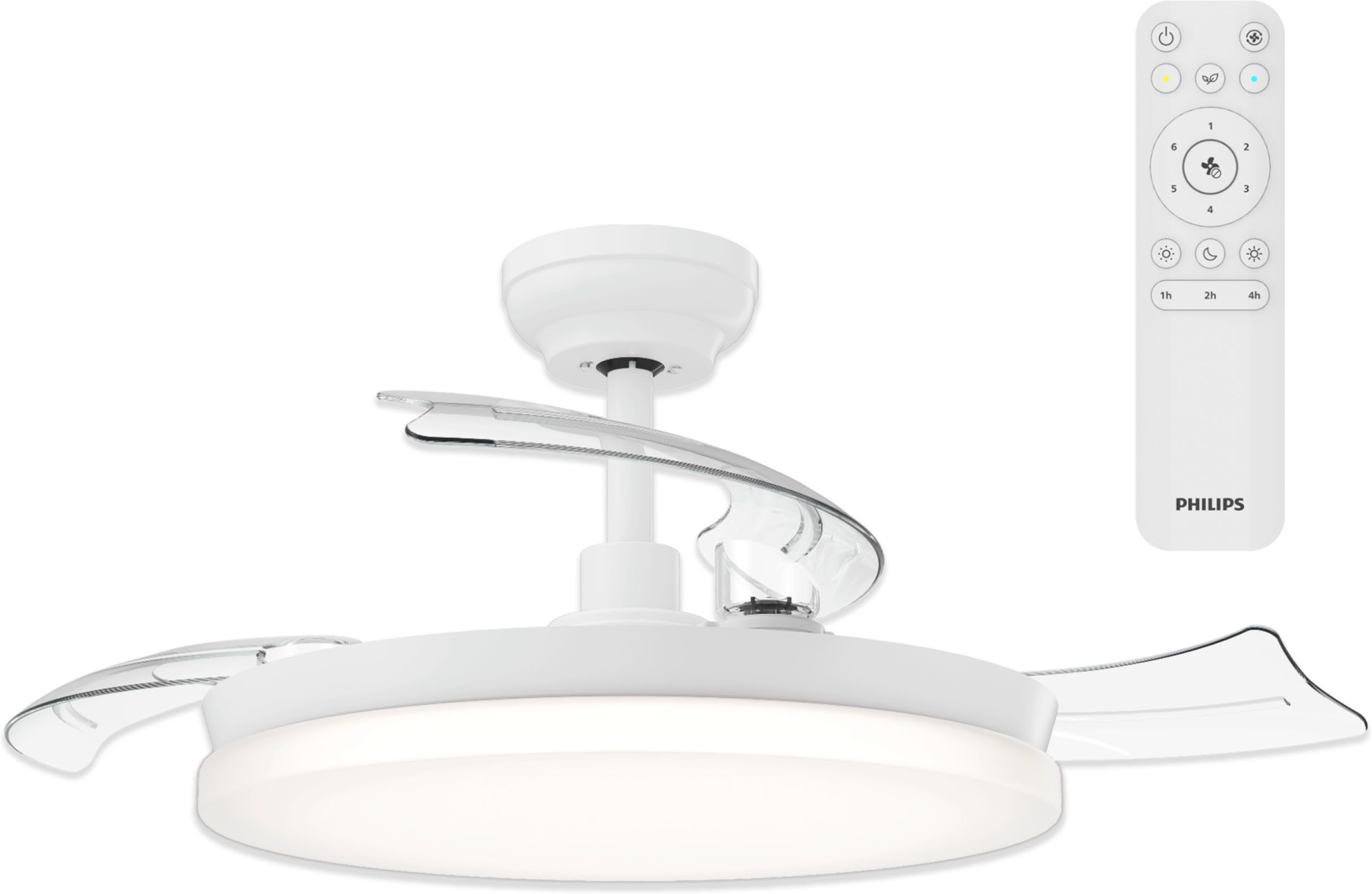 Philips LED Deckenleuchte Solr 35W mit DC-Ventilator 32W mit einziehbaren Rotorblättern, weiß, CCT - über Fernbedienung, Dimmer, Dimmfunktion, Ein-/Ausschalter, Farbsteuerung, Fernbedienung, Infrarot inkl., Memoryfunktion, Ventilatorfunktion, dimmbar über Fernbedienung, mehrere Helligkeitsstufen, LED fest integriert, warmweiß - kaltweiß, 2700-6500 Kelvin, dimmbar mit Fernbedienung, 4500 Lumen