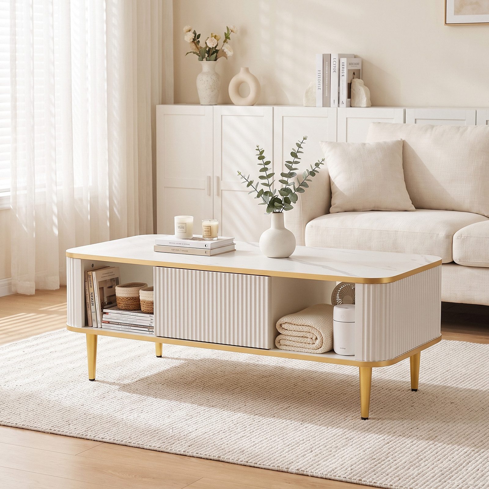 Jiexi TV-Schrank Wohnzimmer Set TV Lowboard & Couchtisch Marmor-Optik Gold