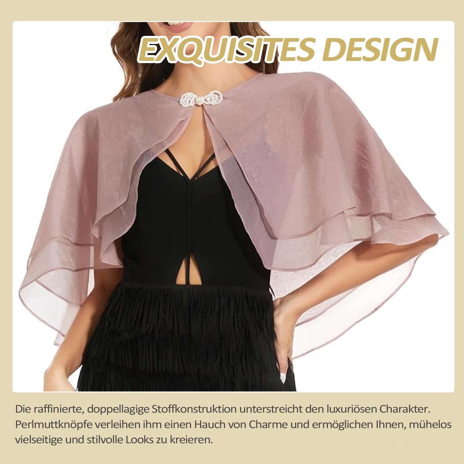 Refttenw Bolero Damen Festlich Doppellagiger Chiffon Bolero Stola Brautjacke Poncho (1-tlg) Bolerojacken mit Perlenknoten - Leicht Luftig