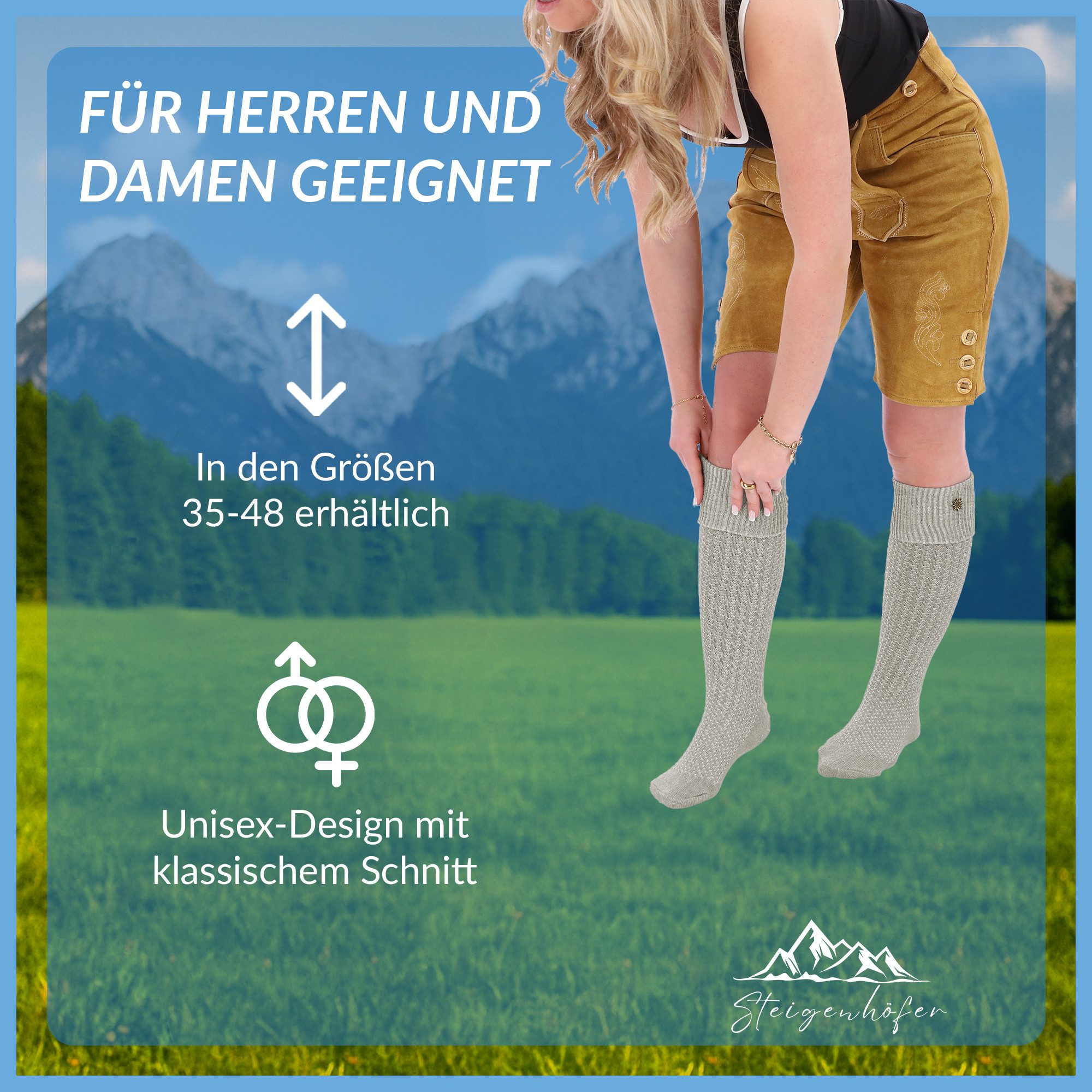 Steigenhöfer Manufaktur Trachtensocken für Herren und Damen – Socken mit Zopfmuster und Edelweißanstecker Oktoberfest Strümpfe aus Baumwolle für Männer & Frauen