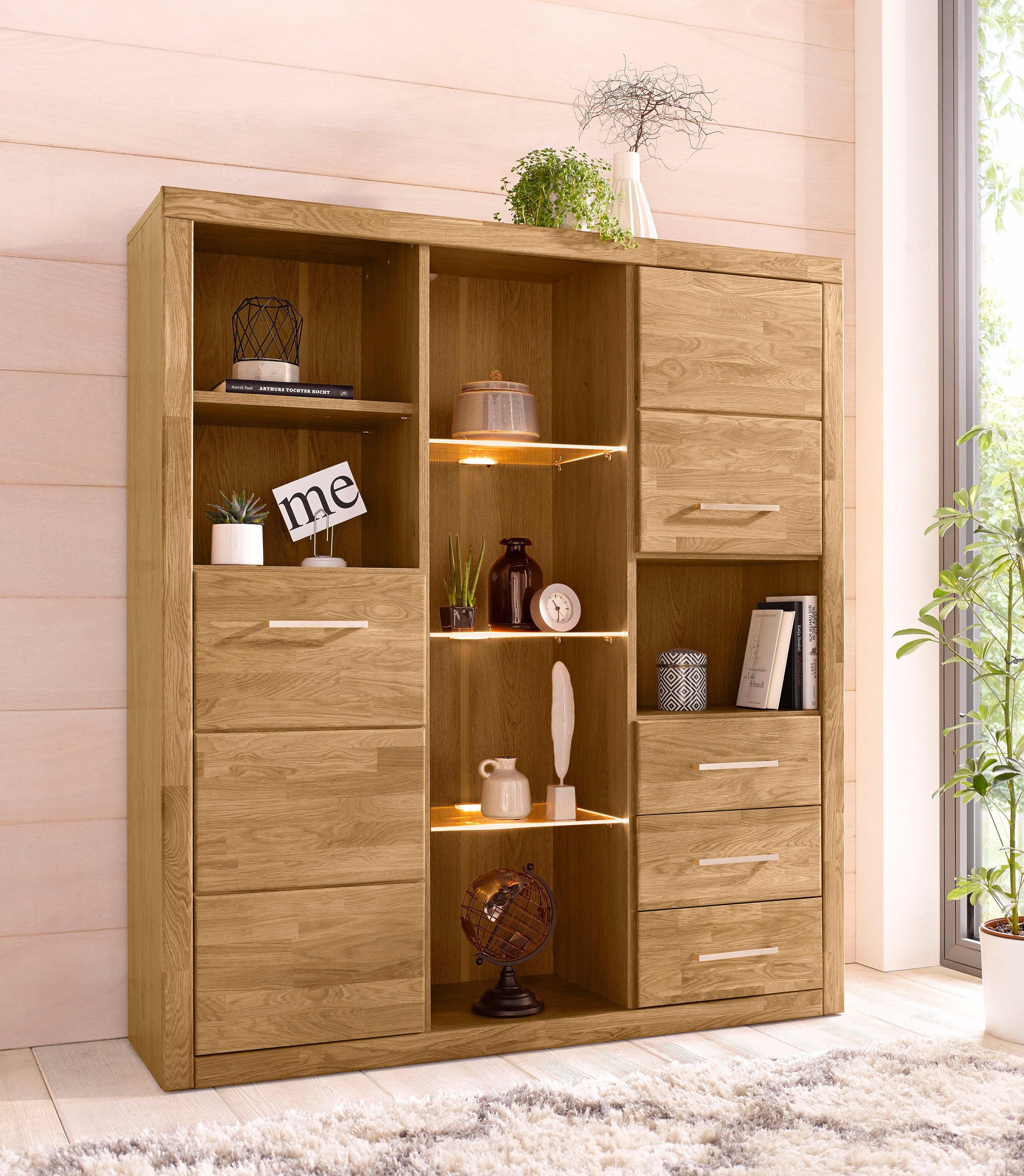 OTTO home Highboard Ribe,130cm breit145cm hoch,Fronten Massivholz,12 Fächer, Korpus aus Holzwerkstoff, Metall Griffe,Böden versetzbar