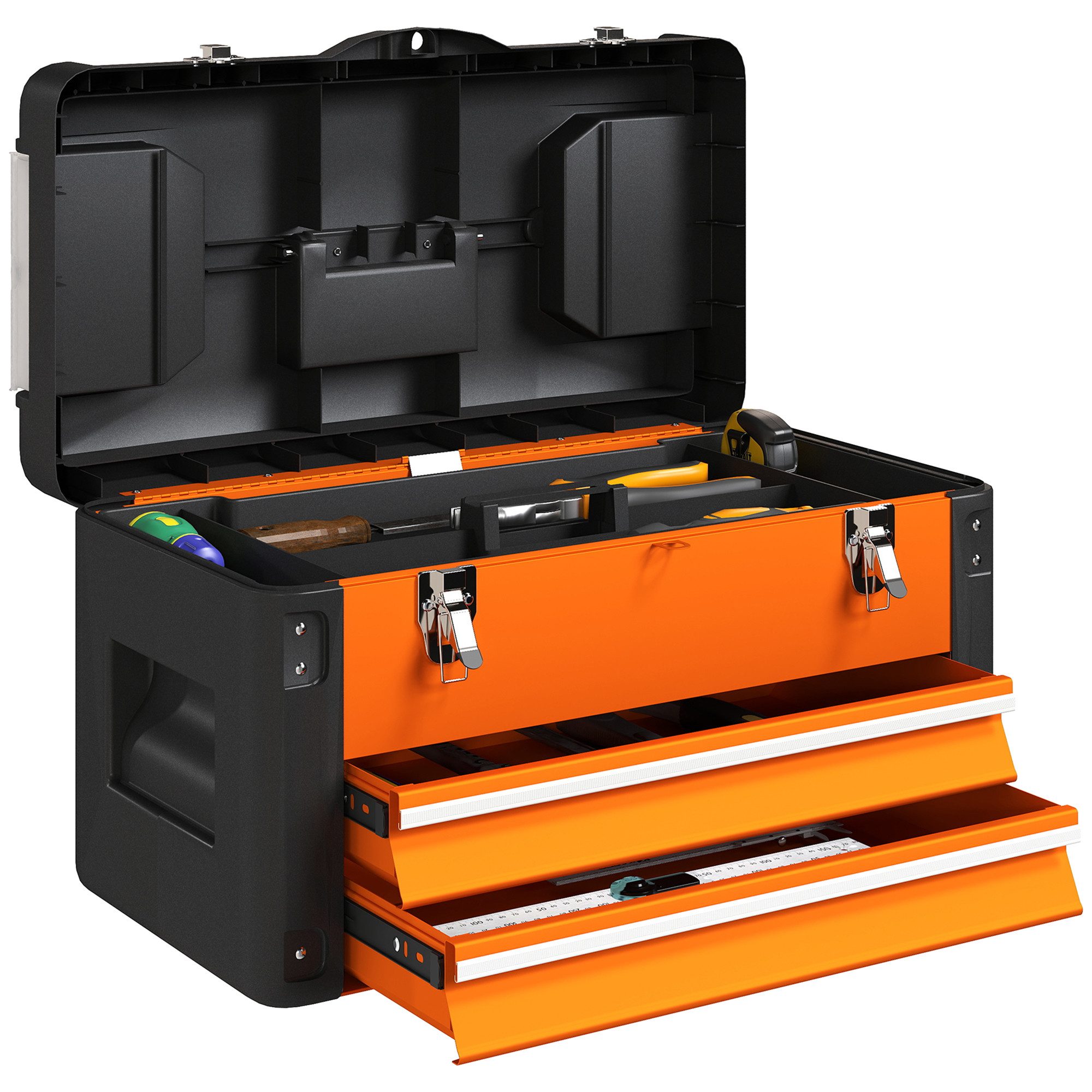 HOMCOM Werkzeugbox Werkzeugkoffer leer, robust Werkzeugkasten mit Fächer (Werkzeugkasten, 1 St., leer Werkzeugkiste), 49,7 x 25,3 x 28,9 cm, aus Stahl, Orange