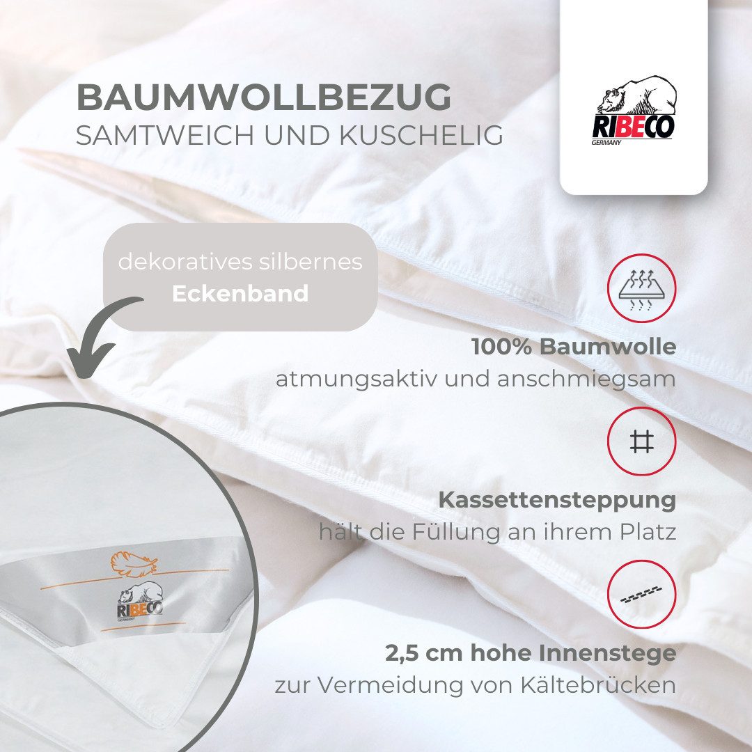 RIBECO Federbettdecke Laram, Bettdecken für Sommer oder Winter, Made in Germany, Füllung: 90% Federn, 10% Daunen, Bezug: Baumwolle, Super Preis-Leistung, Bettdecke 135x200 cm oder 155x220 cm, Decke