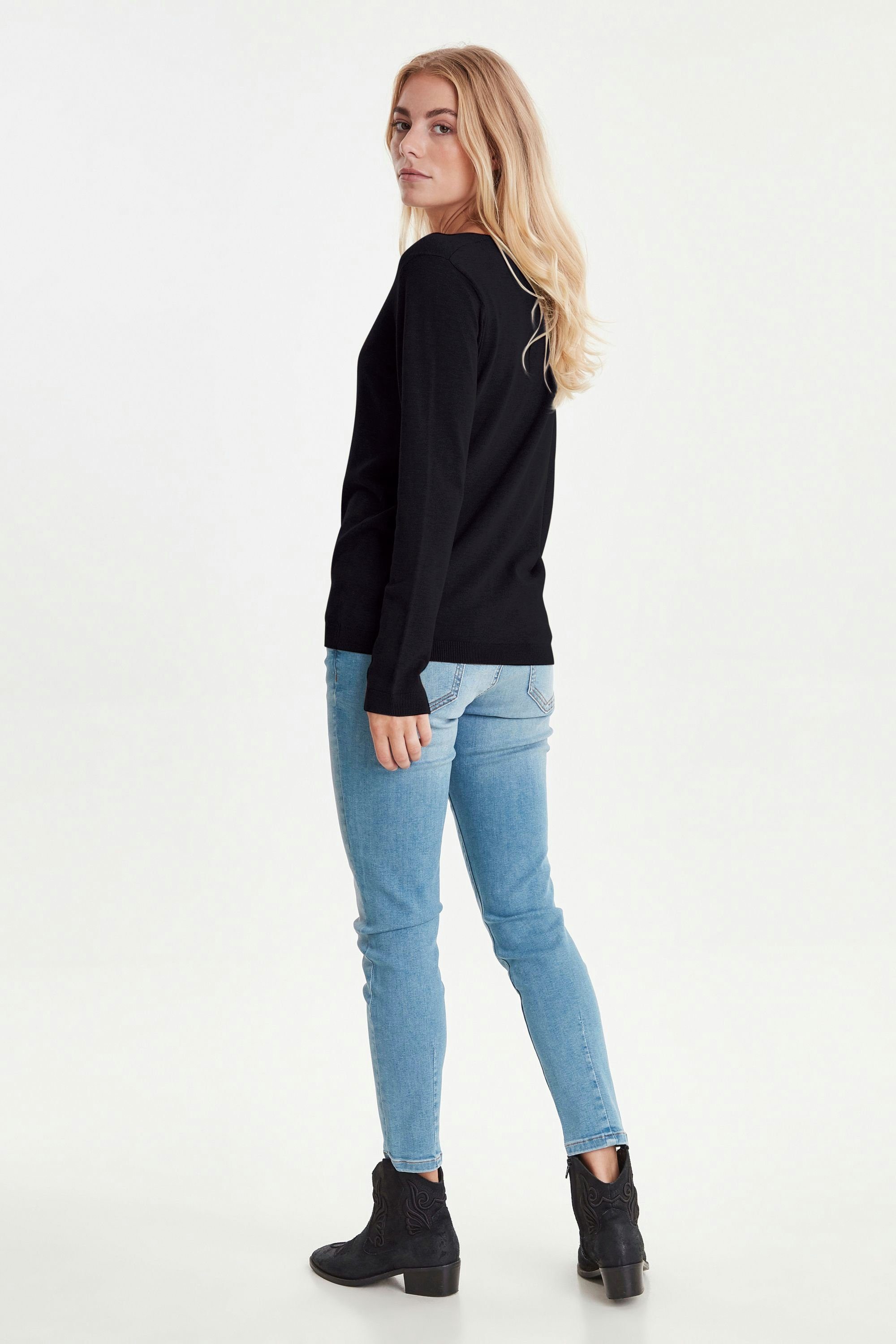 - (5000199) PZSARA Femininer Strickpullover Jeans Black mit V-Ausschnitt 50204127 Pulz Pullover