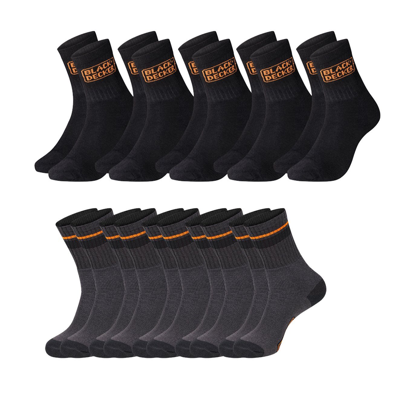 Black+Decker Sportsocken Heavy Fabric Crew (10-Paar) Work Arbeitssocken im 5er 10er 15er Sparpack 5 Paar Black/Black (BX/CHS/1/X5/TEKC) & 5 Paar Black/Grey (BX/SF/CS/1DEKEX)