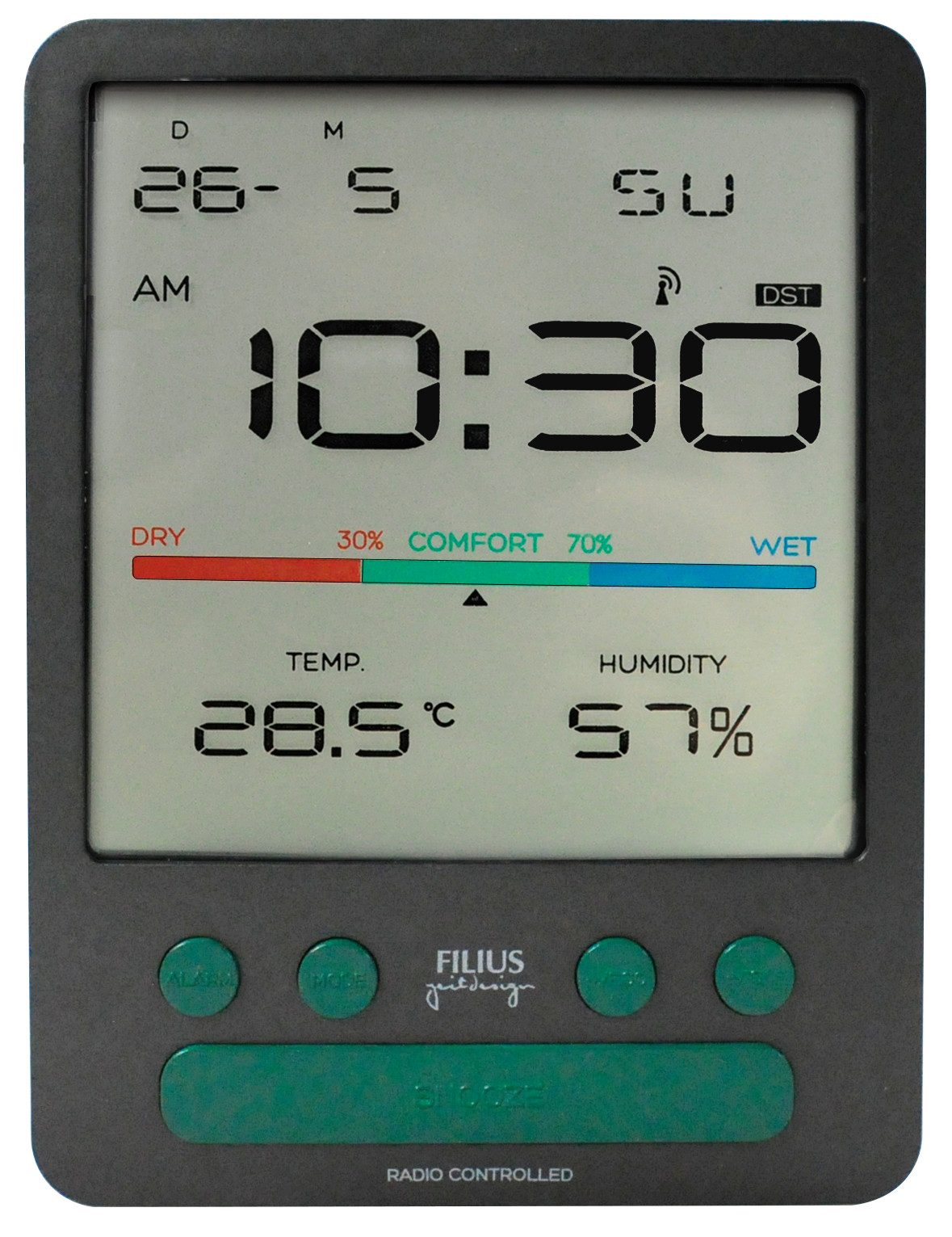 FILIUS zeitdesign Funkwecker Wecker, Schlafzimmer, Anzeige Innentemperatur, Hygrometer, Tag, Monat