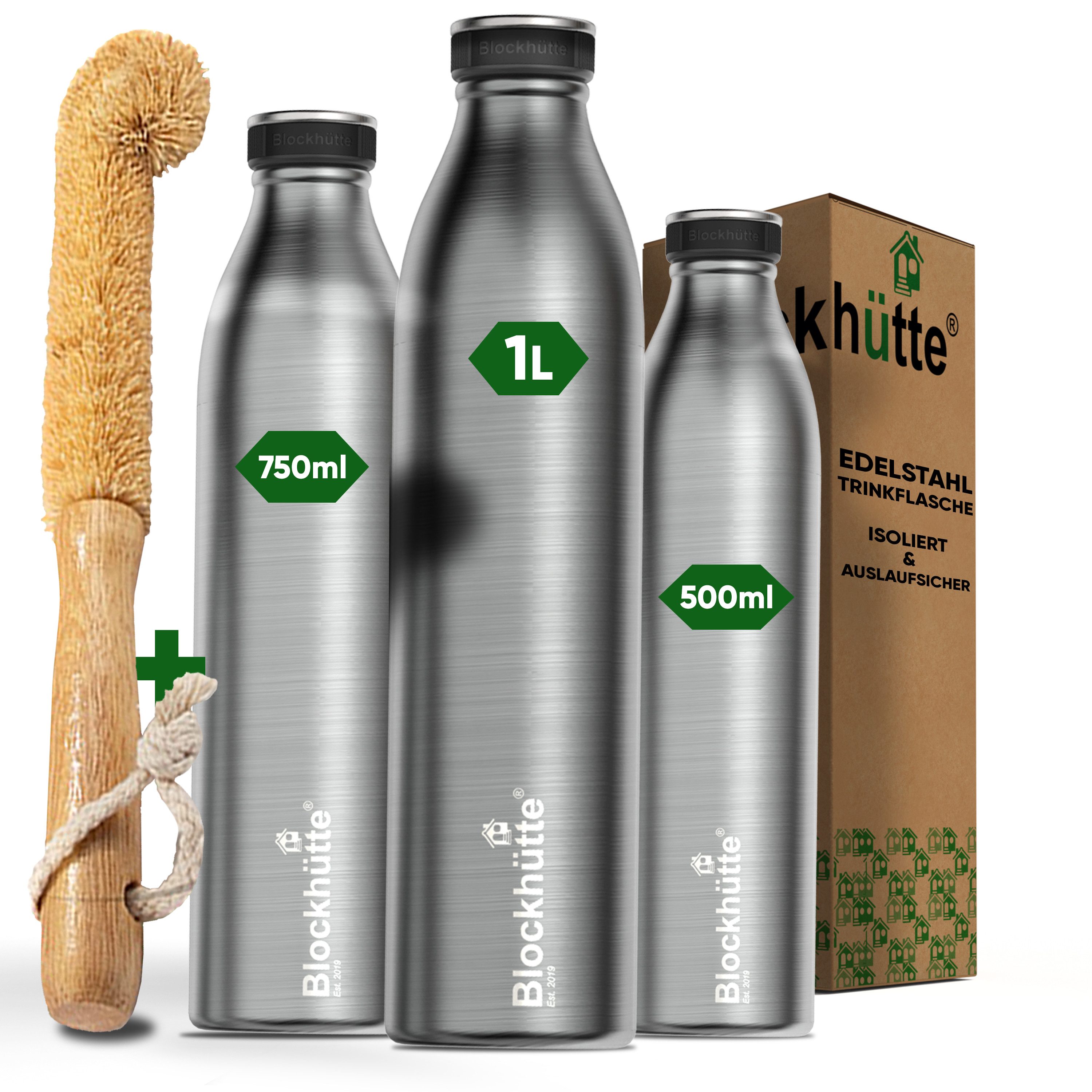 Trinkflasche Edelstahl Sport Isolierflasche mit Naturborsten Flaschenbürste