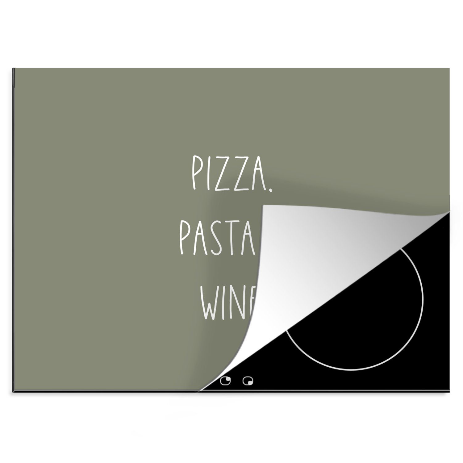 MuchoWow Herdblende-/Abdeckplatte Kaffee - Zitate - Sprichwörter - Pizza Pasta & Wein - Küche -, Vinyl, (1 tlg), 60x52 cm, Mobile Arbeitsfläche nutzbar, Ceranfeldabdeckung