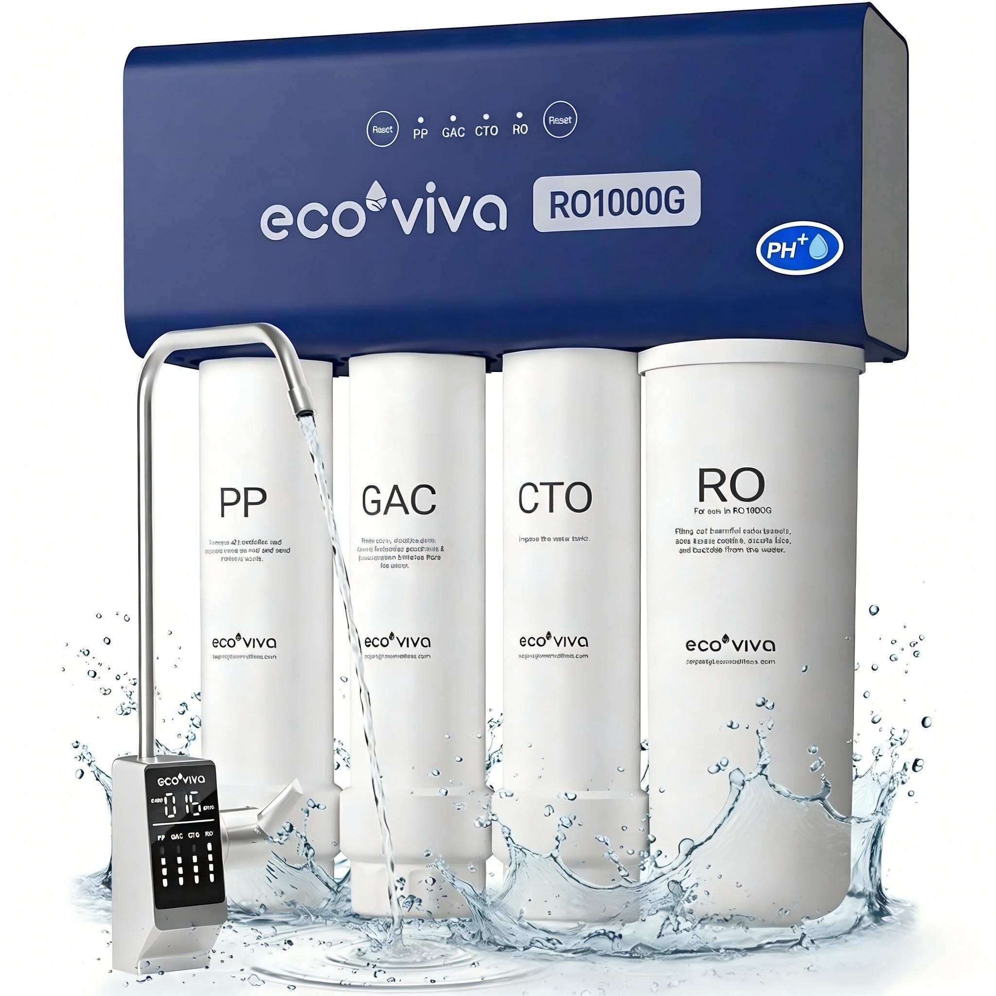 Ecoviva Wasserfilter RO1000G Untertisch Umkehrosmoseanlage, 9‑Stufen-Filtration, 3:1 Abwasser, Remineralisierung, Tanklos