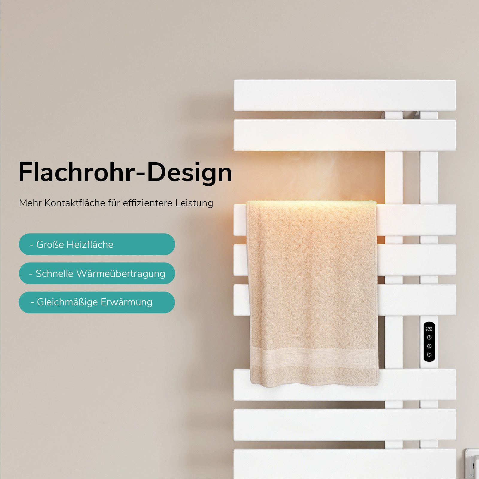 EMKE Elektrischer Badheizkörper Handtuchtrockner mit Smart Thermostat WLAN-/App-Steuerung Timer, Handtuchtrockner Flach Badheizkörper Links 100×50 cm Weiß