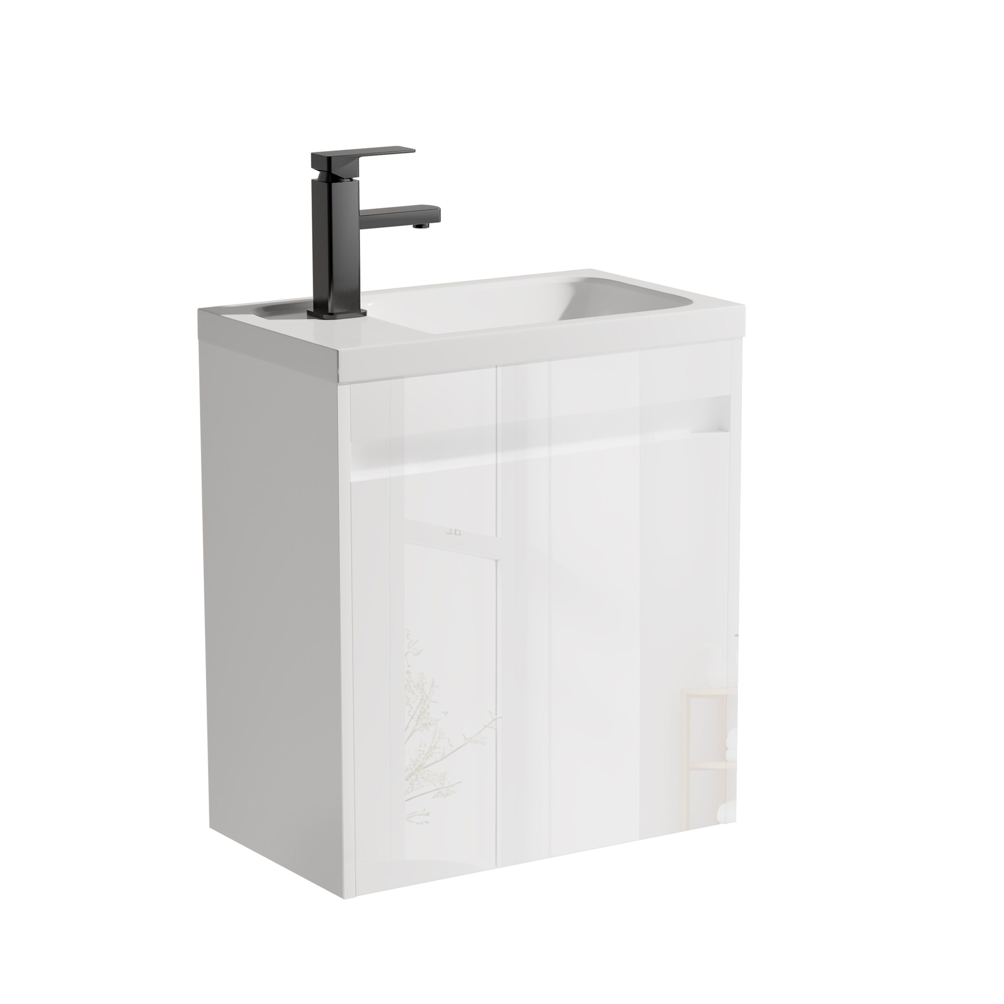UEV Waschtisch Waschbecken klein mit Unterschrank set, Badmöbel Gäste-WC (Waschbecken mit Schrank, Unterschrank mit Harzbecken und Wasserhahn), Breit 50,5cm, Waschtischunterschrank hängend, weiß