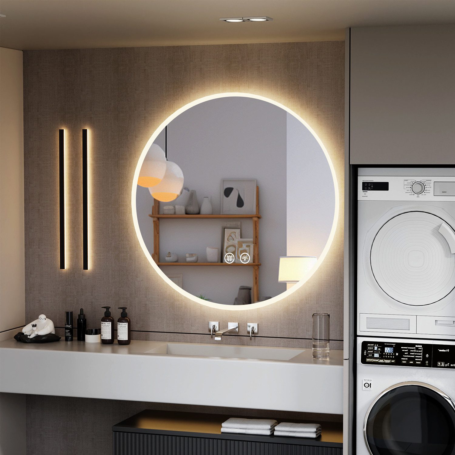oyajia Badspiegel Rund mit LED Beleuchtung Wandspiegel, Rahmen Antibeschlag Badspiegel (3 Lichtfarben Dimmbare Touchschalter Antibeschlag eingebaute Sicherung), Ø60/70cm, Memory Funktion, IP44