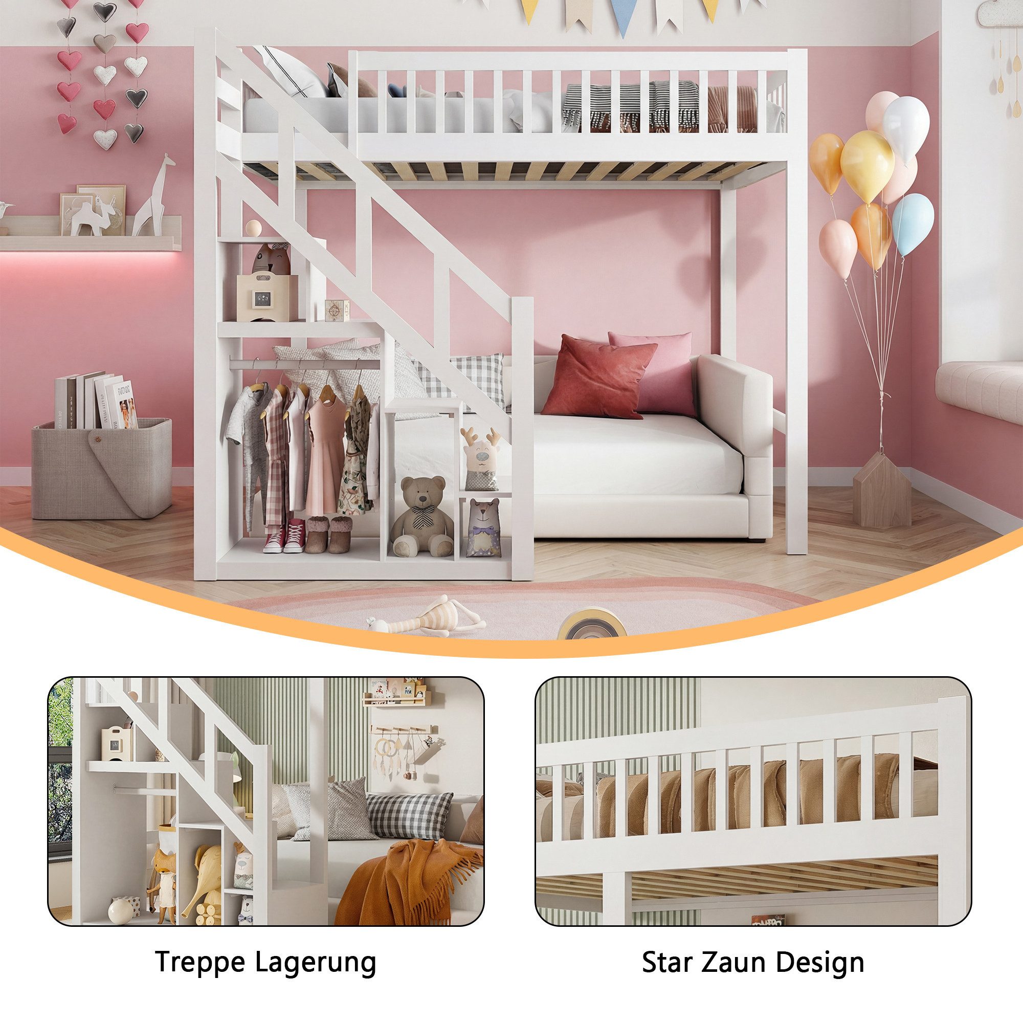 Simurq Hochbett Kinder‑Loftbett 90x200, Stauraumtreppe, Stern‑Muster Absturzsicherung – Bild 3 von 5