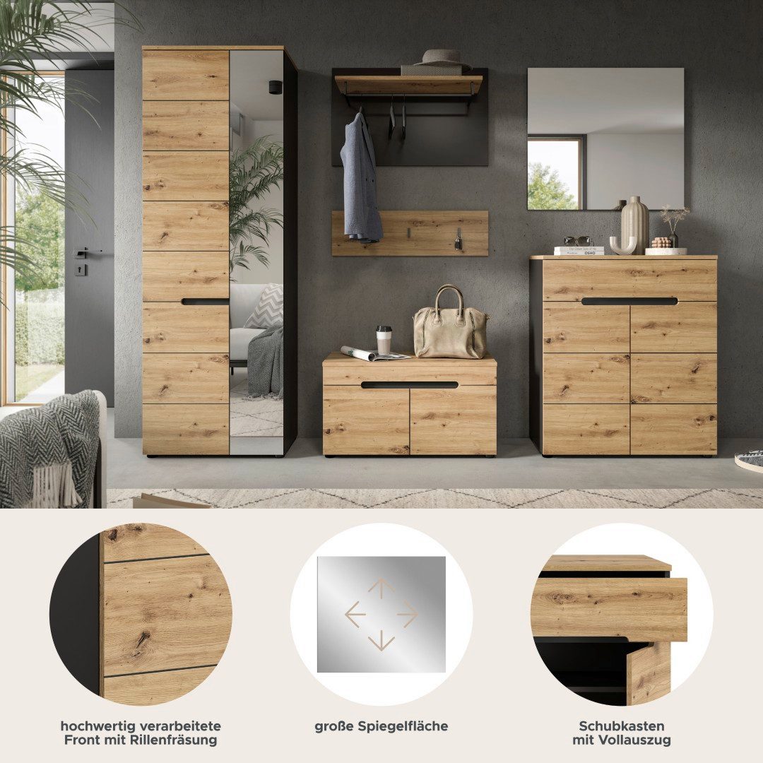 xonox.home Garderoben-Set Garderoben-Set Canu, grau / Artisan Eiche, 5-teilig ohne Sitzkissen, (5-St), Garderobenmöbel, Garderobenkombination Eiche
