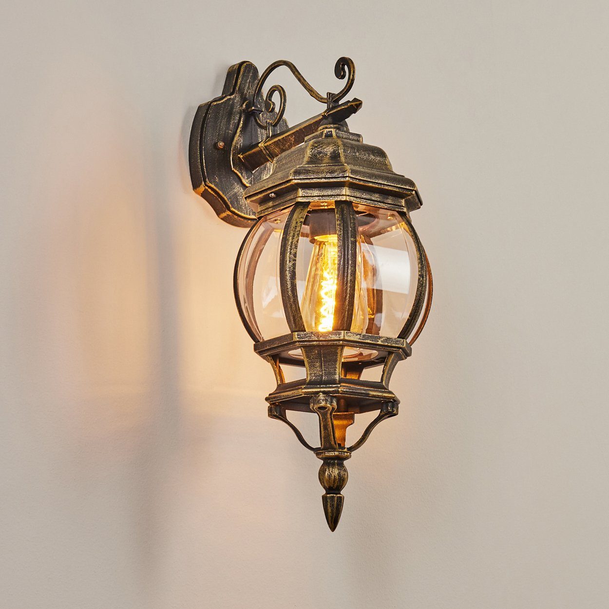 Leuchtmittel, in Hof, abwärts ohne IP44 Wandlampe für aus Wandleuchte hofstein Braun/Gold/Klar, und »Meyen« mit Außenleuchte Außen-Wandleuchte Metall/Glas E27, Veranda Terrasse,