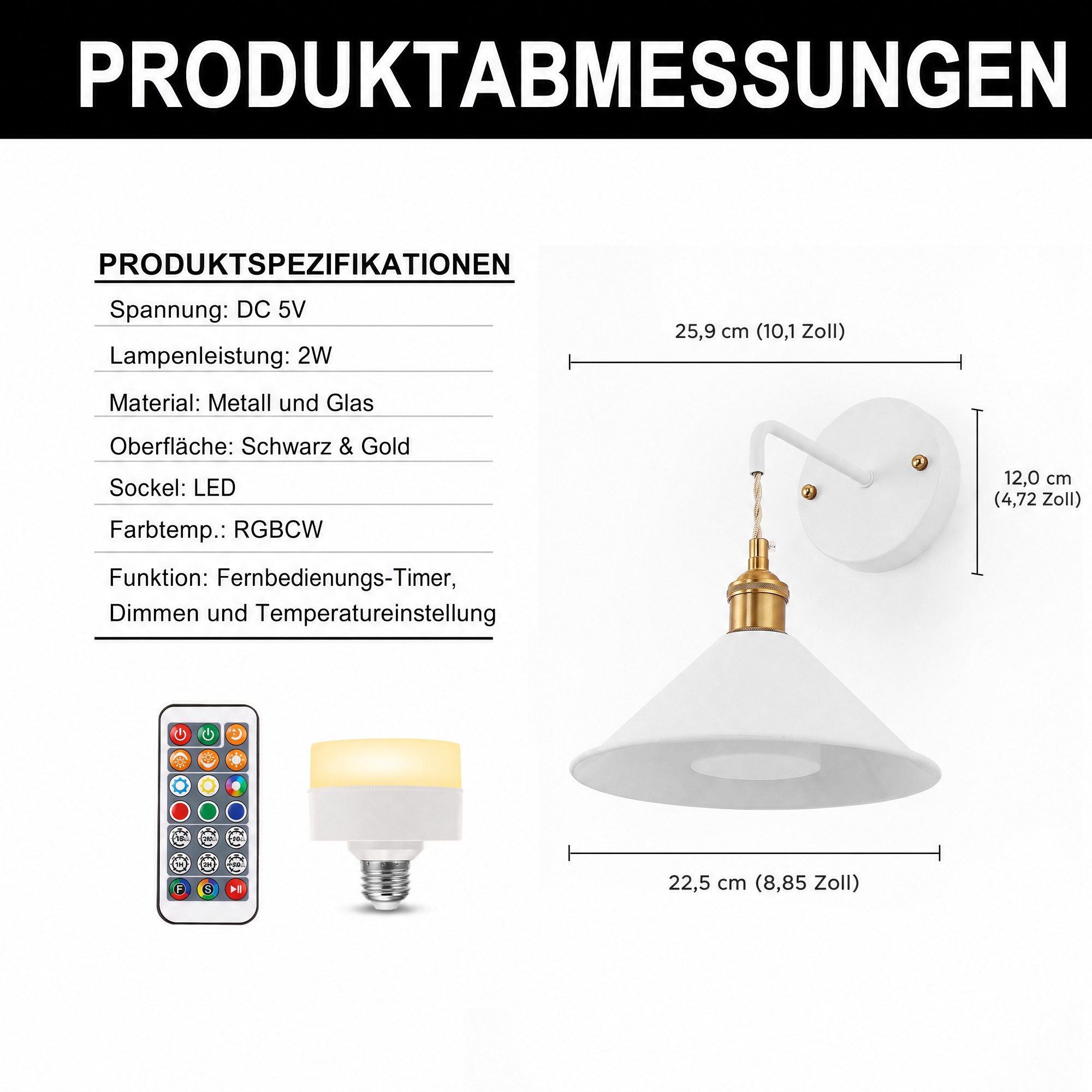 LOHAS-LED Wandleuchte 2er Set kabellose Akku-Wandlampen mit kegelförmigem Lampenschirm, LED wechselbar, Warmweiß bis Kaltweiß mit RGB-Farbwechsel, RGBCW dimmbar mit IR-Fernbedienung, E26 Aufladbirne