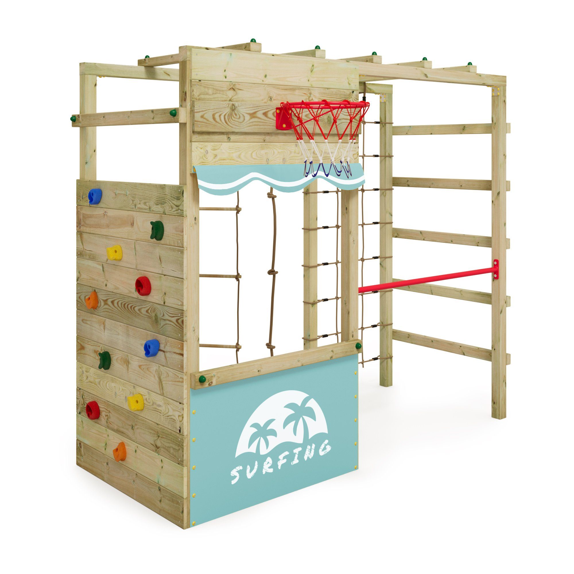 Wickey Klettergerüst Smart Action mit Kletterwand & Hangelbrücke, (Komplettes Outdoor-Klettergerüst mit Kletternetz & Reckstange – fördert Bewegung & Geschicklichkeit!, Holzspielplatz mit vielen Extras – ideal für kreative & aktive Kinder), langlebig & wetterfest mit 10 Jahren Garantie*