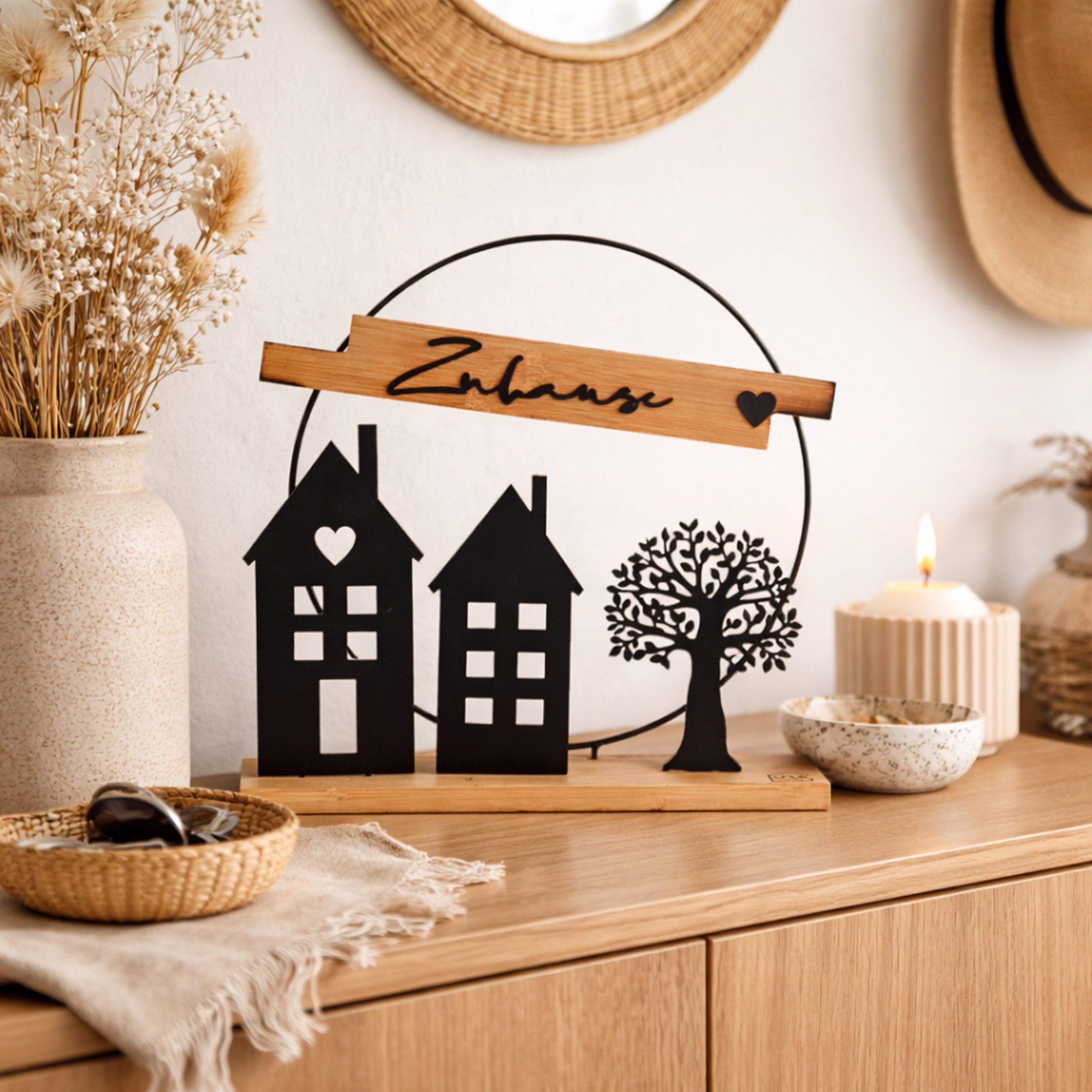 UNUS HOME Dekofigur (schwarz), Aufsteller Zuhause aus Metall und Bambus-Hol günstig online kaufen