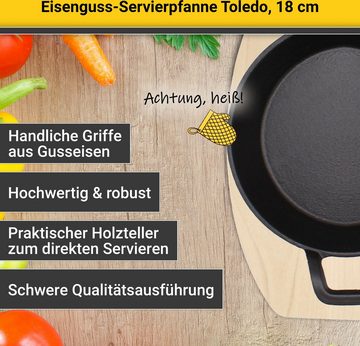 Krüger Servierpfanne Eisenguss Brat- und Servierpfanne mit Holzteller TOLEDO, 18 cm, Gusseisen (1-tlg), für Induktions-Kochfelder geeignet