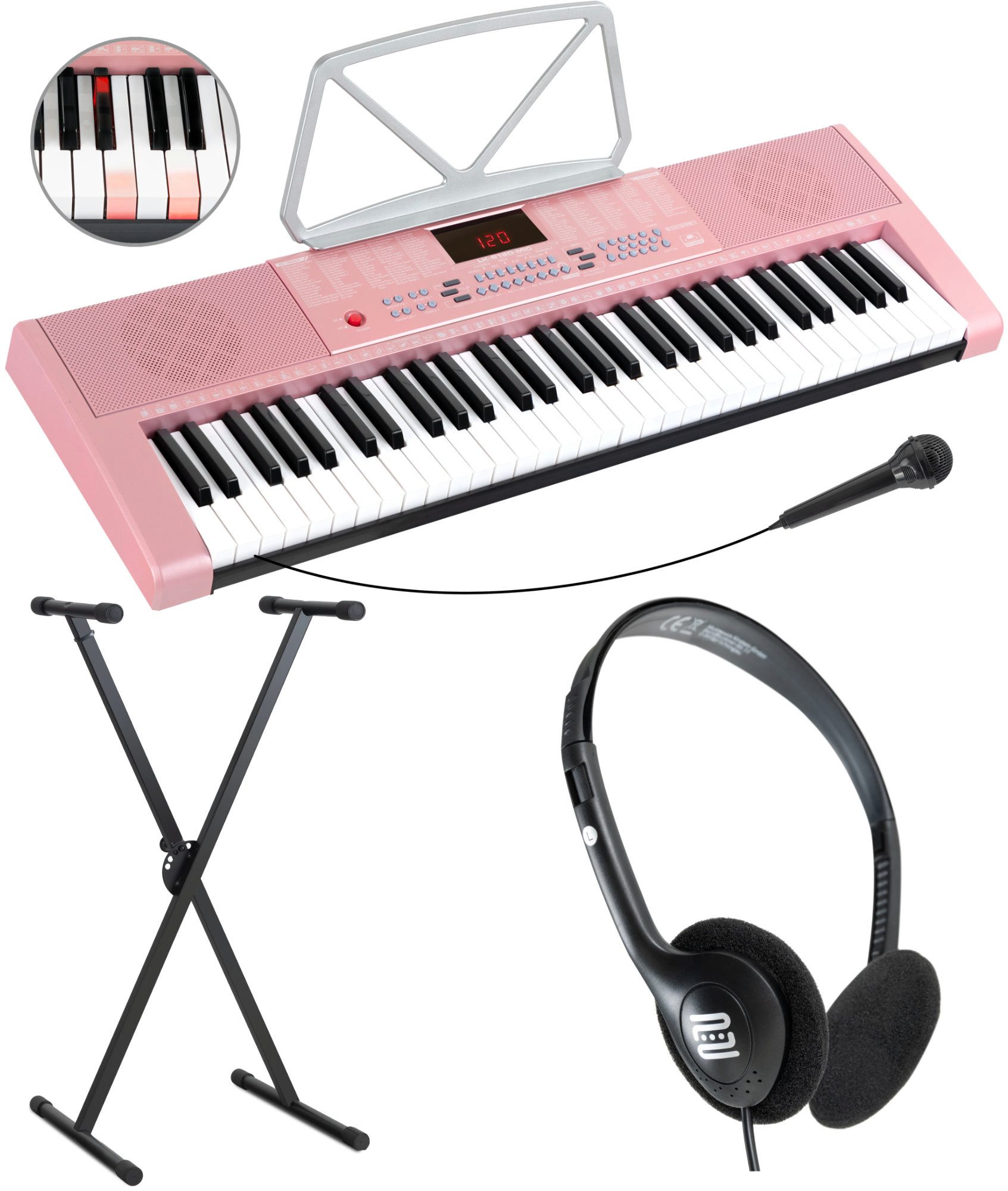 McGrey Home-Keyboard LK-6120-MIC - Einsteiger-Keyboard mit 61 Leuchttasten (Spar-Set, 3-St., Inkl. Mikrofon, Ständer und Notenhalter), 255 Sounds und Rhythmen - 50 Demo Songs mit Lernfunktionen