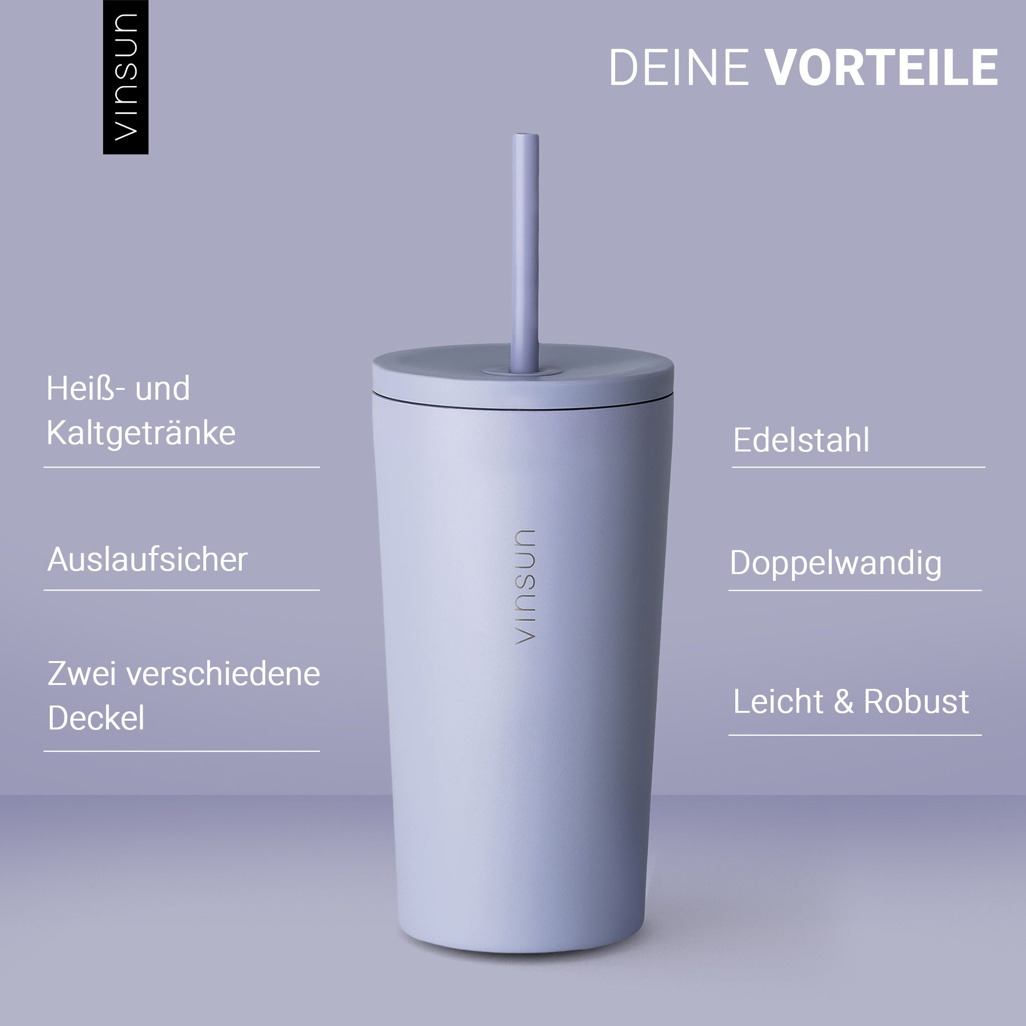 Vinsun Thermobecher Edelstahl Becher mit Strohhalm 480ml - Isolierbecher auslaufsicher, 4-tlg., Edelstahl, Doppelwandig isoliert, BPA frei, bruchfest, Kalt- und – Bild 3 von 5