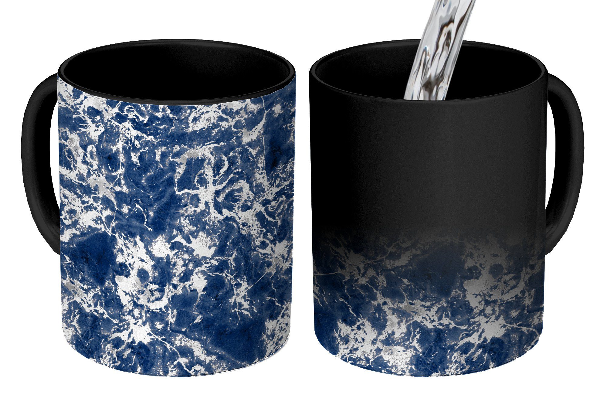 Kaffeetassen, MuchoWow Silber - Teetasse, Farbwechsel, - - Tasse Zaubertasse, Muster Keramik, Geschenk Marmor Blau,