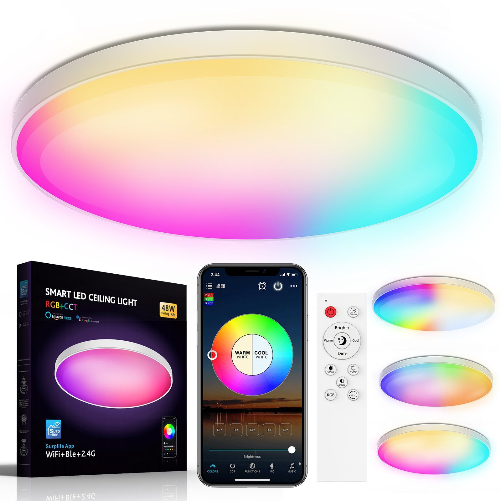 MUPOO LED Deckenleuchte Smart LED Deckenlampe Farbwechsel, 30W Deckenleuchte, Dimmbare, WiFi Bluetooth,mit Alexa Google Home IFTTT RGB+48W