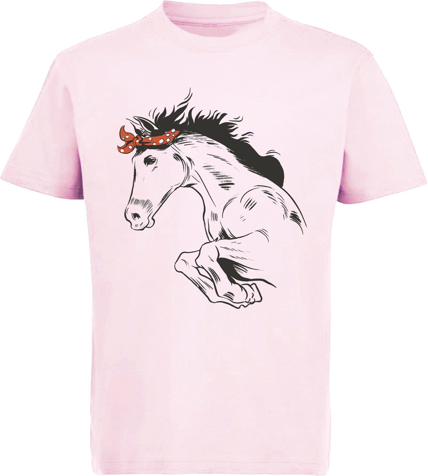 MyDesign24 Print-Shirt bedrucktes Pferde T-Shirt - Springendes Pferd mit Kopftuch Baumwollshirt mit Aufdruck, i170 rosa