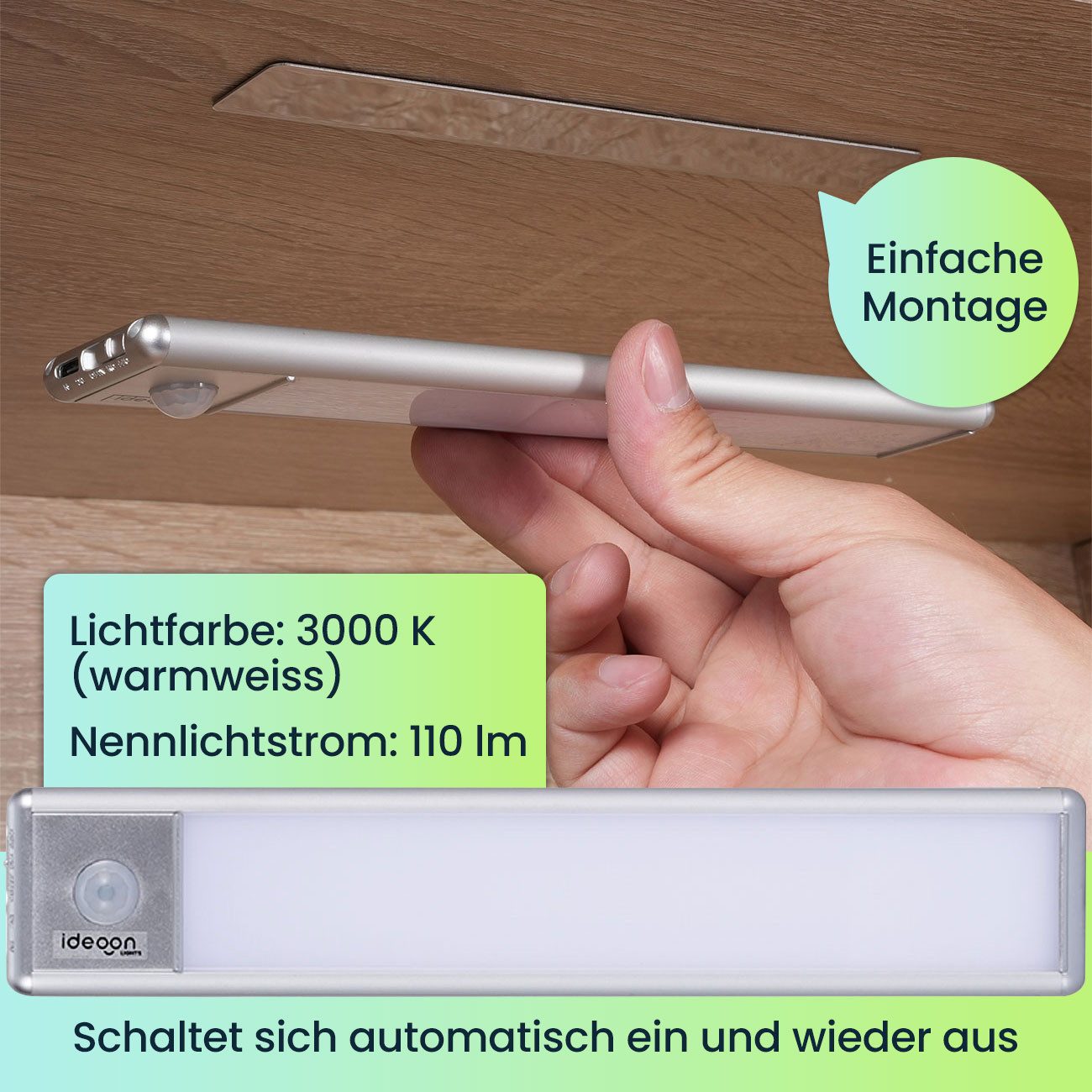 shop'n smile ideoon LED Lichtleiste 20,5cm mit Bewegungssensor: Kabellos, hell & energiesparend, Perfekt für Schrank, Flur & Küche