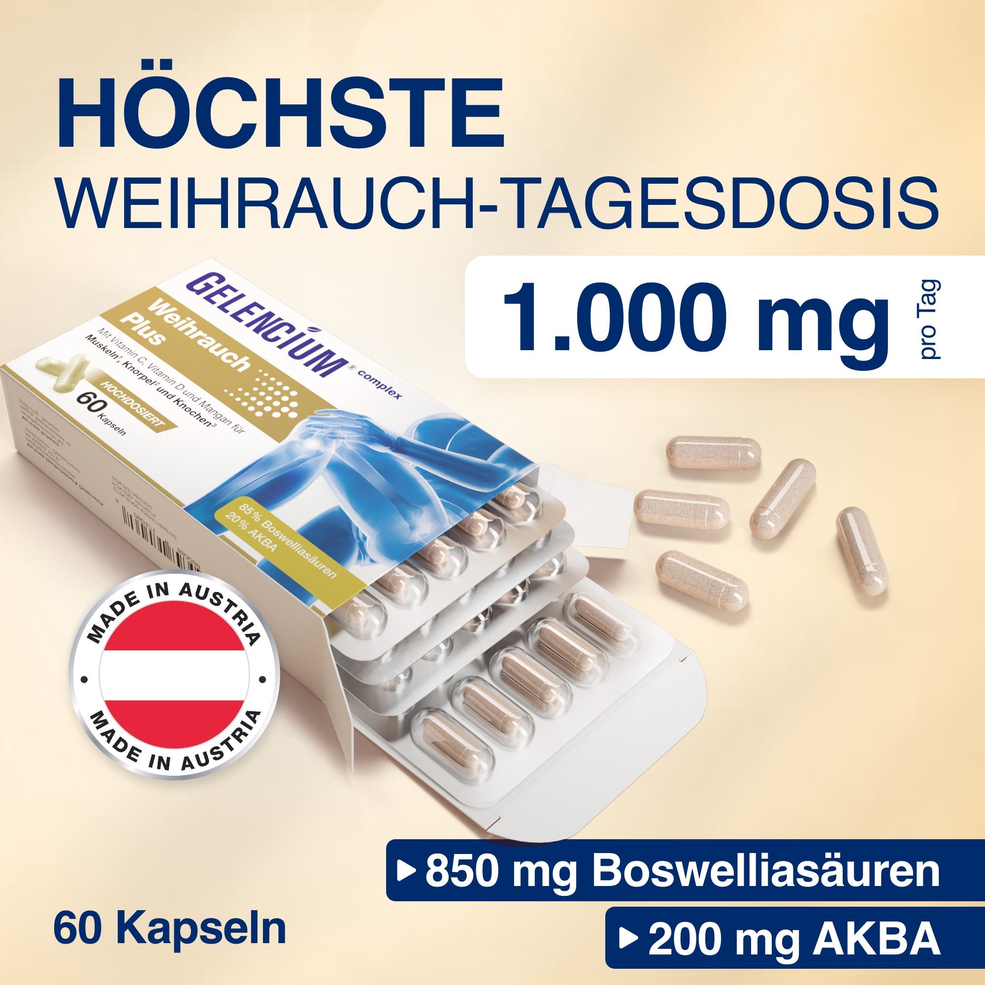 GELENCIUM® Weihrauch Plus hochdosiert mit Vitamin C KAP, Mit Vitamin C, Vitamin D & Mangan für gesunde Gelenke, Knorpel & Knochen à 60 St., 60.5 g